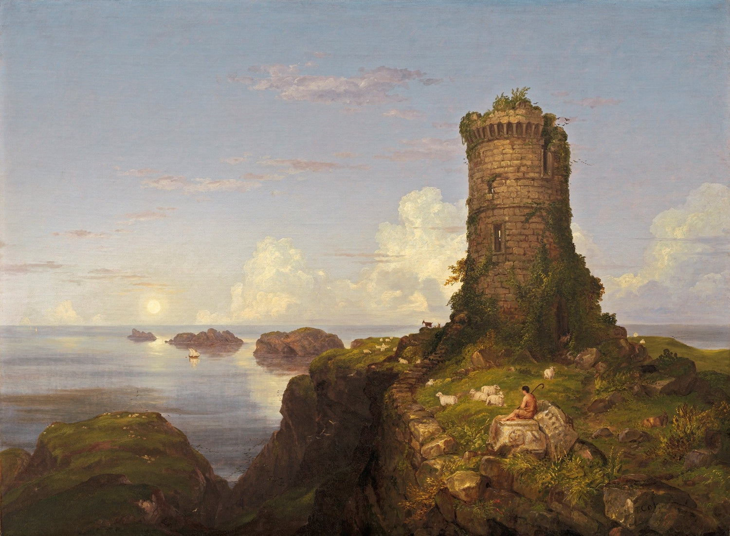 Landscape oil painting of a coastal tower on a rocky cliff, textured brushwork in sky and sea, hand painted oil on canvas. - Add Frame, Animal, Architecture, Canvas, Coastal, Farm, Hand Painted, Landscape, Made To Order, Oil Painting, Seascape