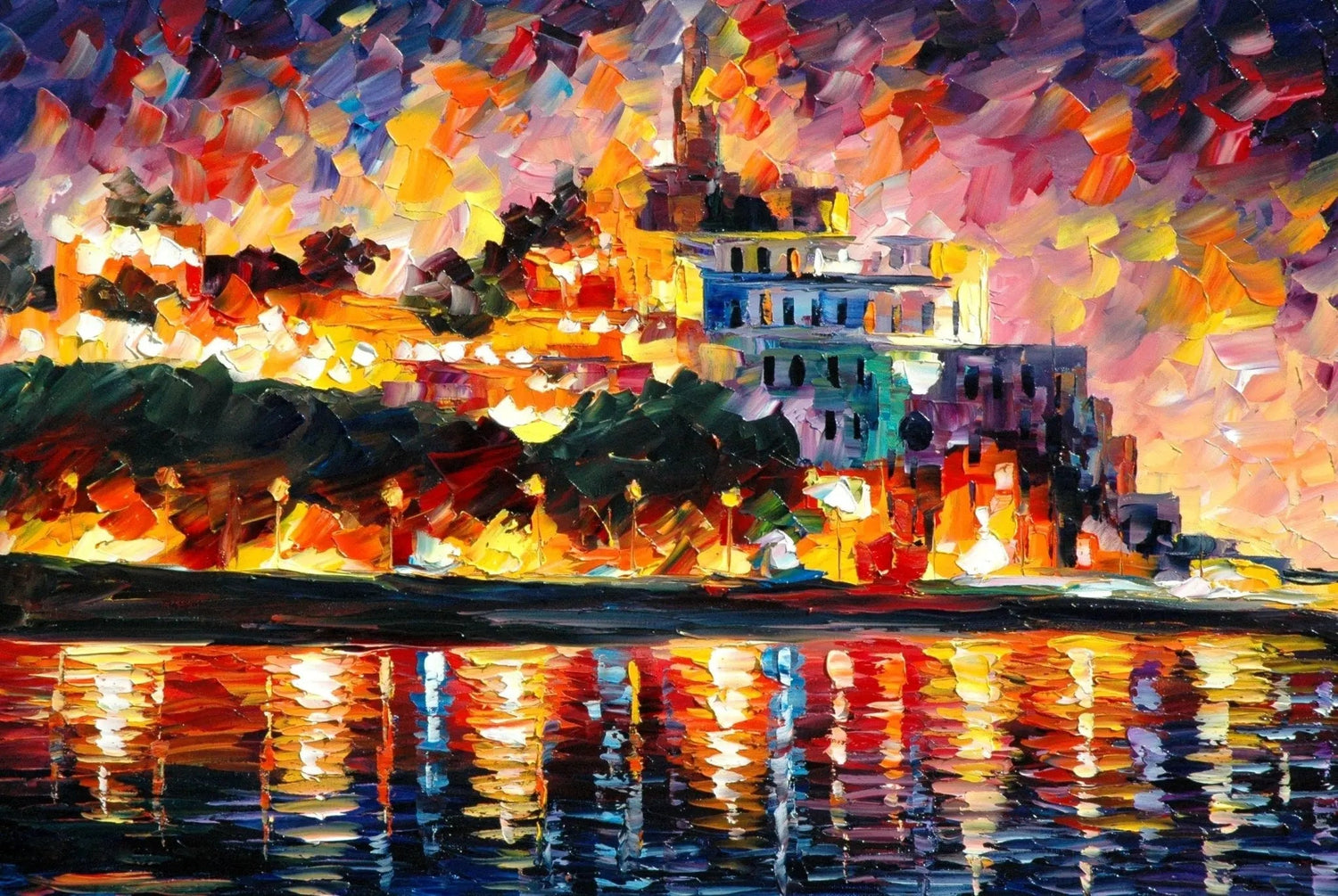 Coastal Town Abstract Landscape Oil Painting | Luminous Waters - Oil Painting Haven