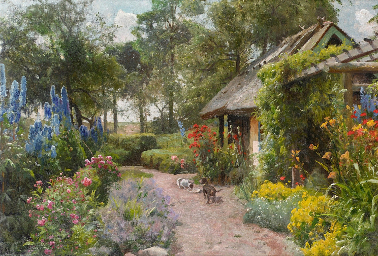 Cottage Garden Path, Flowers, Cats – Hand - Painted Oil Painting - Oil Painting Haven