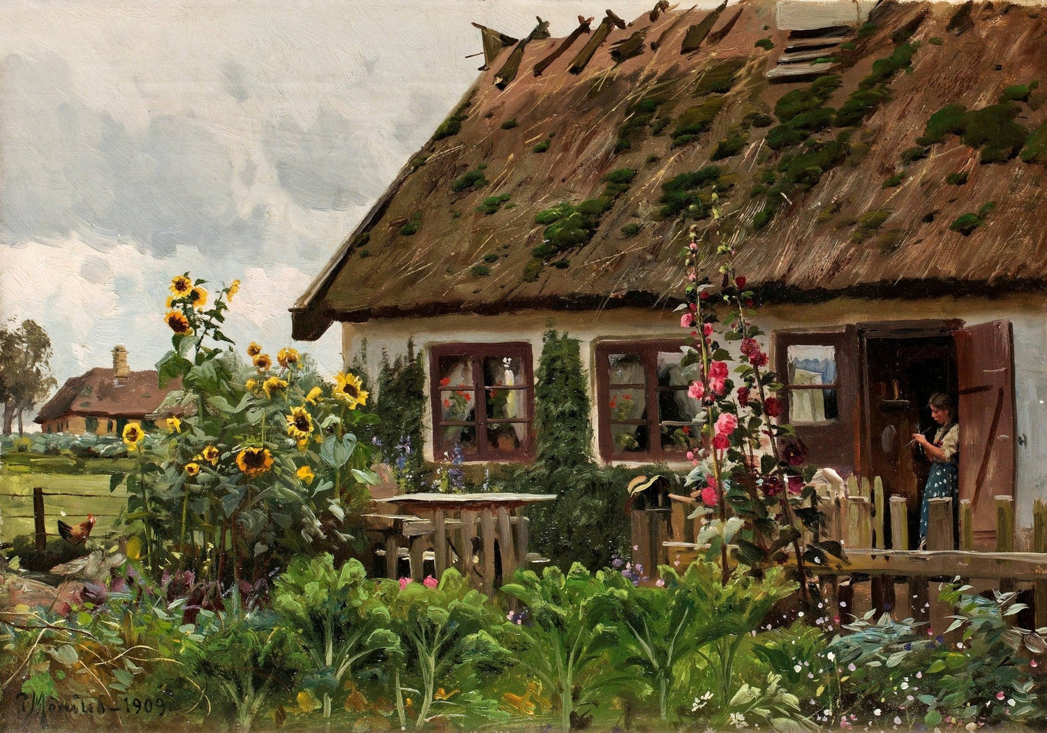 Country Cottage Garden with Sunflowers – Landscape Oil Painting - Oil Painting Haven