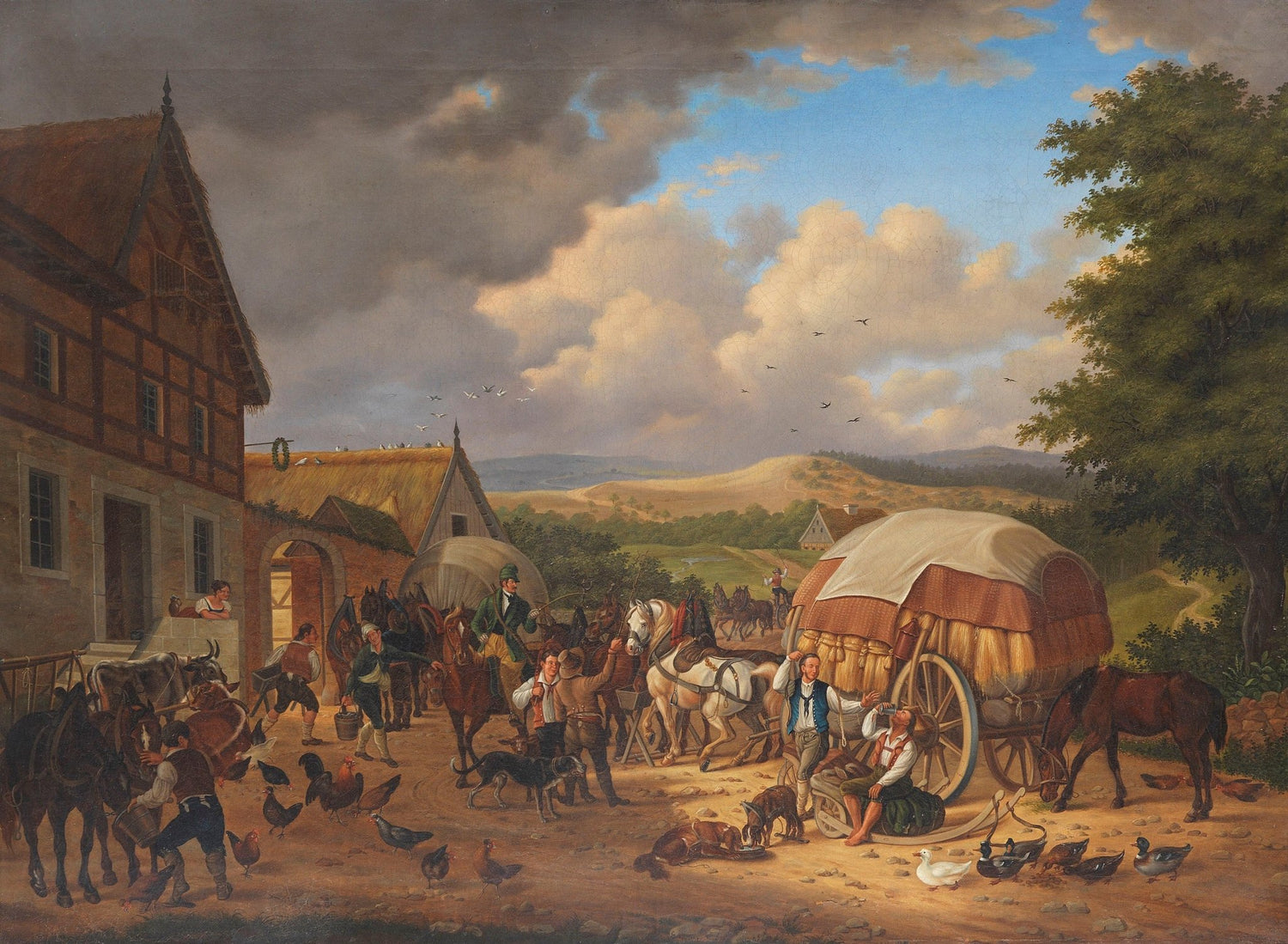 Country Inn with Horses, Wagons, and Figures – Landscape Oil Painting - Oil Painting Haven
