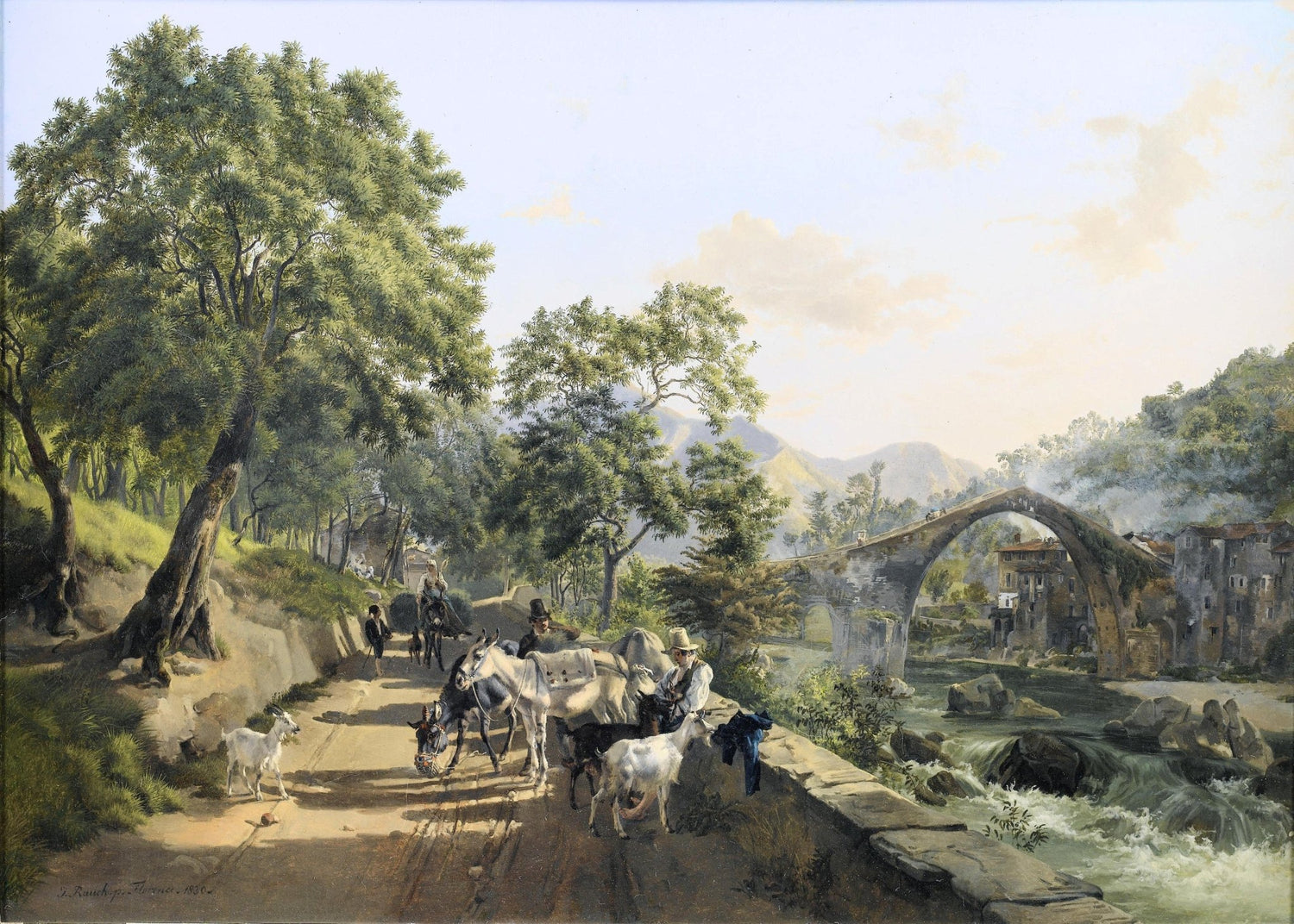 Country Road with Donkeys and Stone Bridge – Hand - Painted Oil Painting - Oil Painting Haven