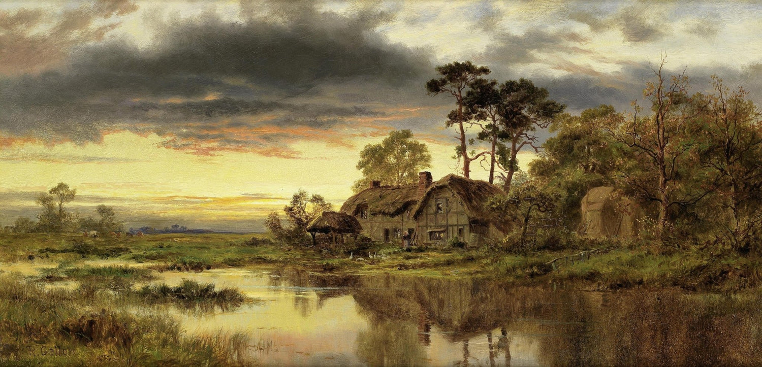 Countryside Cottage by Water at Sunset – Landscape Oil Painting - Oil Painting Haven