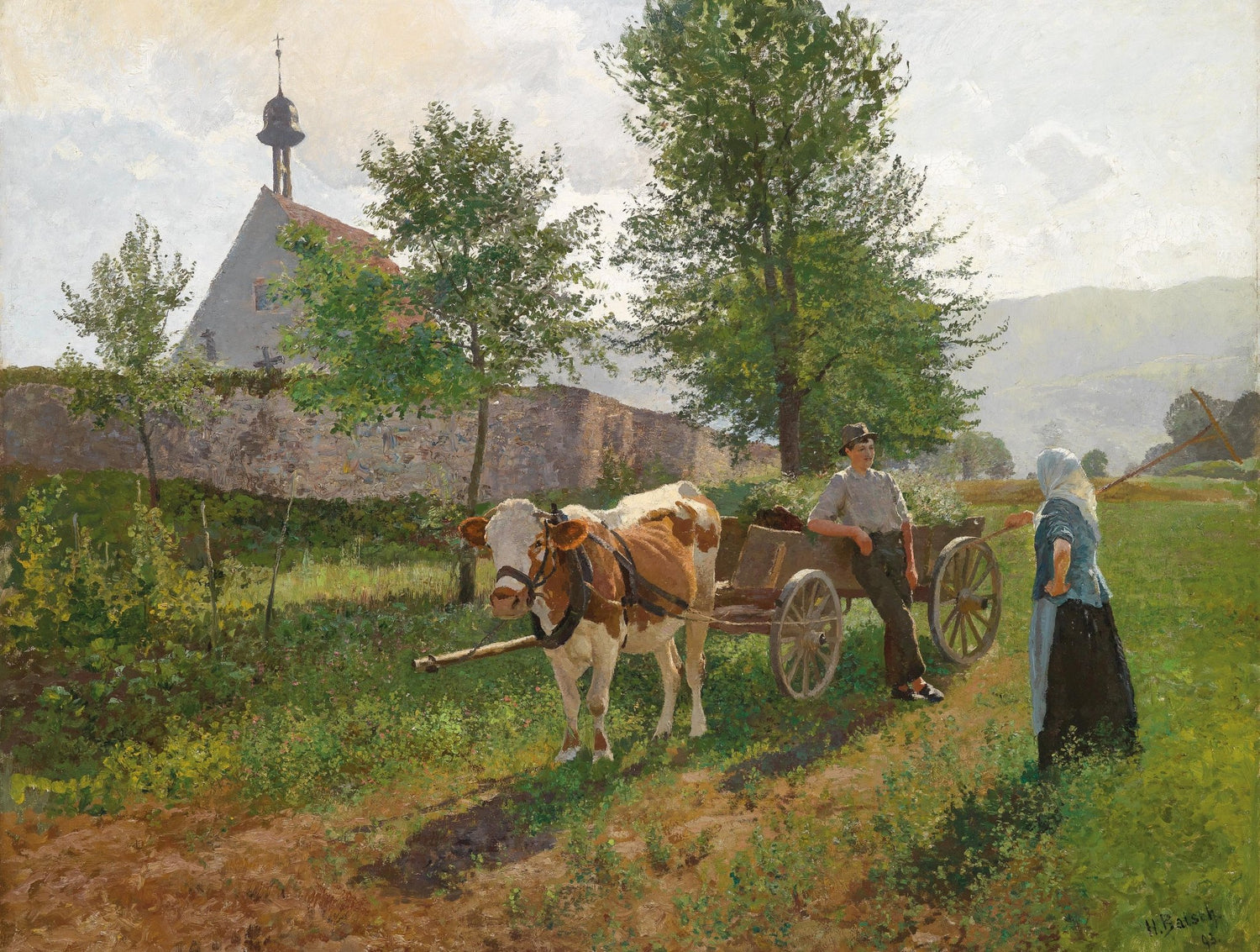Countryside Farmers with Ox Cart Near Village Church - People Oil Painting - Oil Painting Haven
