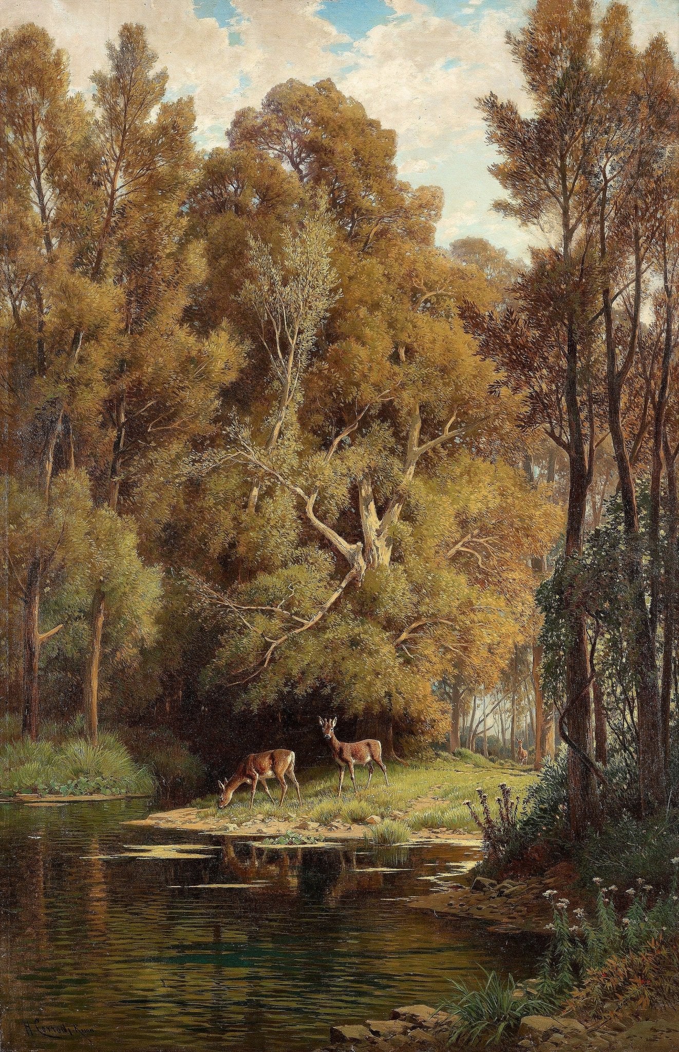 Deer by a Forest Stream in Autumn – Landscape Oil Painting - Oil Painting Haven