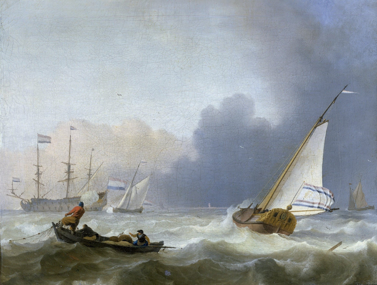 Hand-painted Dutch yacht in rough sea waves nautical oil painting on canvas