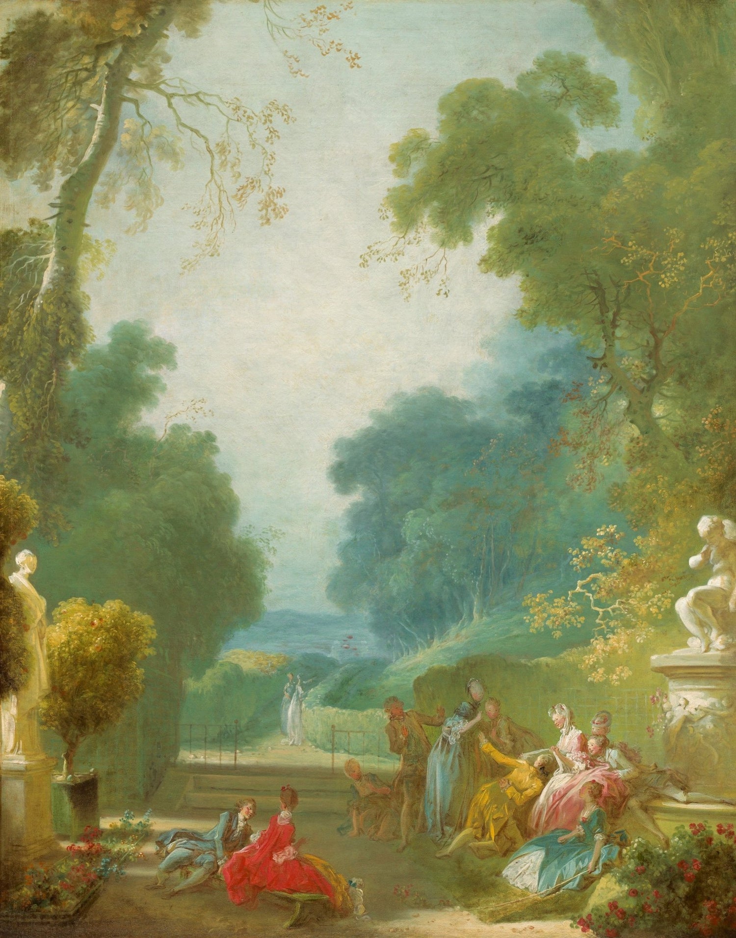 Landscape oil painting of a classical garden gathering with figures in colorful period attire, lush trees, and textured. - Add Frame, Canvas, Country, Figure, Garden, Hand Painted, Landscape, Made To Order, Oil Painting