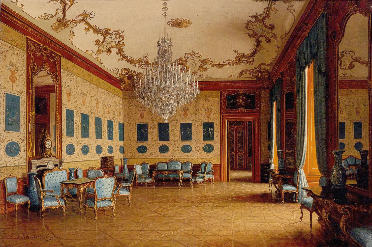 Elegant Palace Interio, Chandelier – Hand - Painted Landscape Oil Painting - Oil Painting Haven