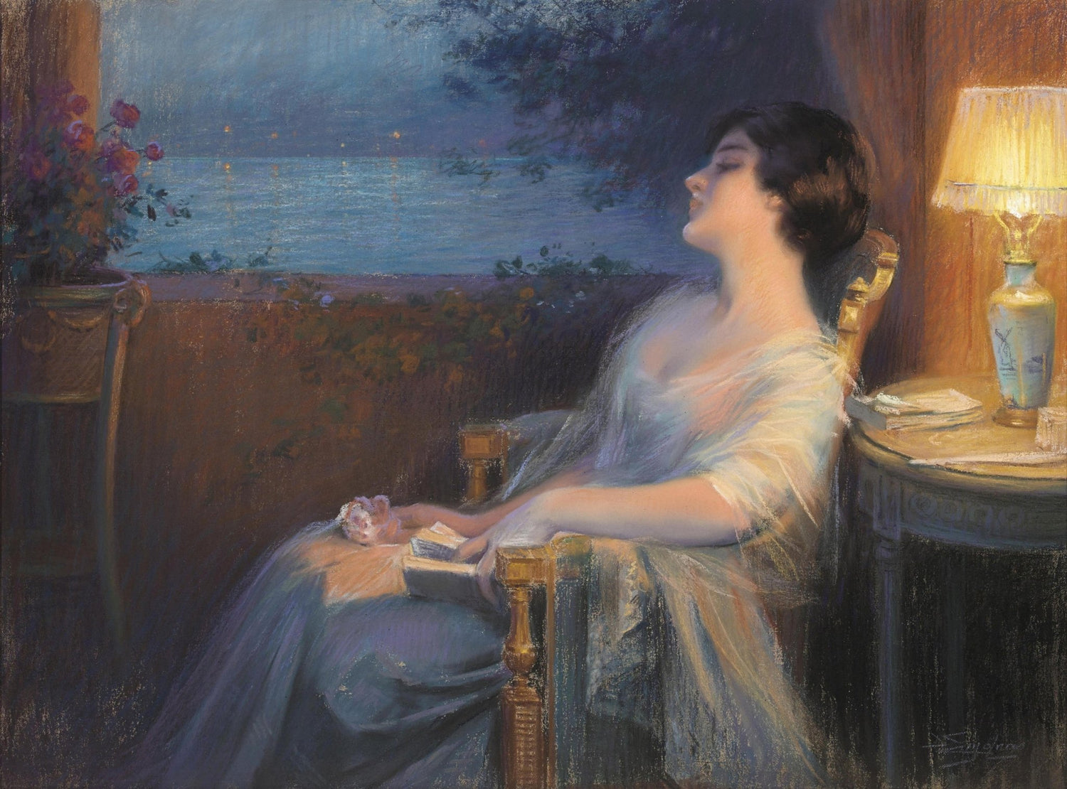 Elegant Woman Resting by Night Window - People Oil Painting - Oil Painting Haven