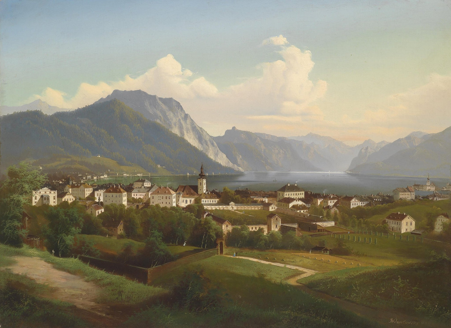 European Lakeside Town, Mountains at Sunset – Landscape Oil Painting - Oil Painting Haven