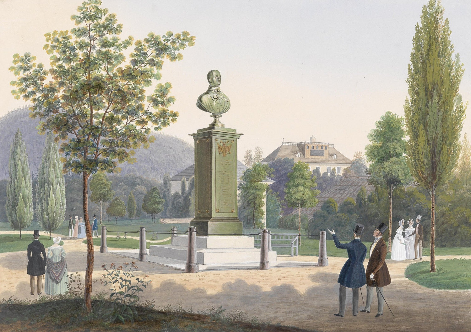 European Park Landscape Oil Painting with Monument and Figures - Oil Painting Haven