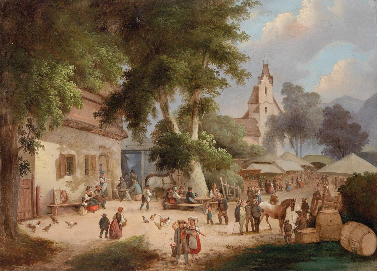European Village Market Scene Oil Painting, Hand - Painted Landscape - Oil Painting Haven