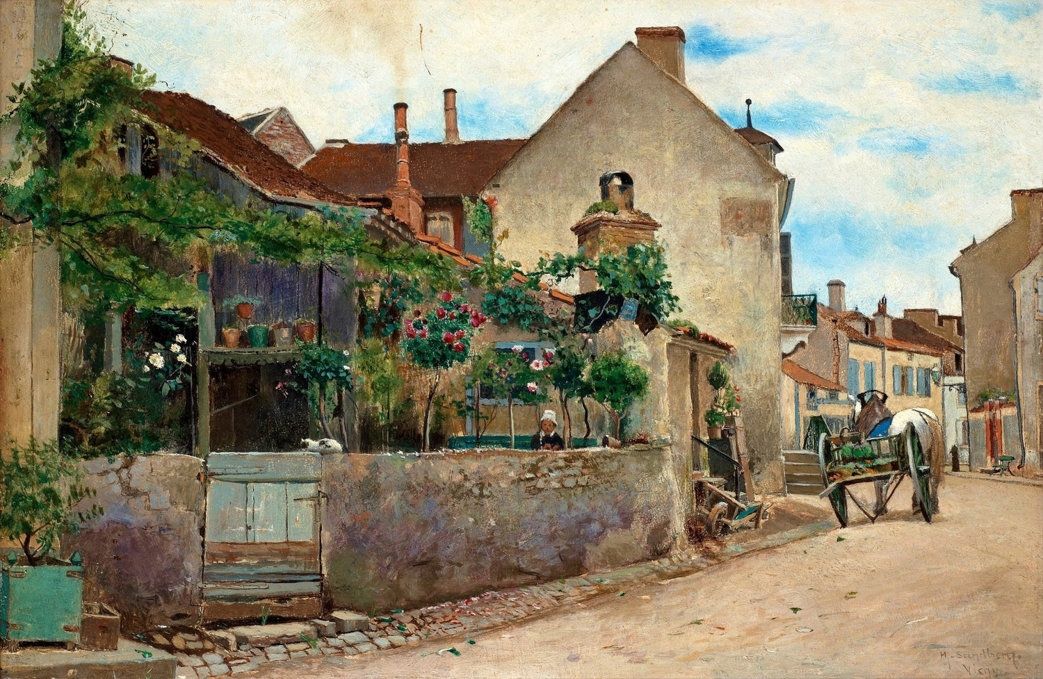European Village Street, Garden Courtyard – Landscape Oil Painting - Oil Painting Haven