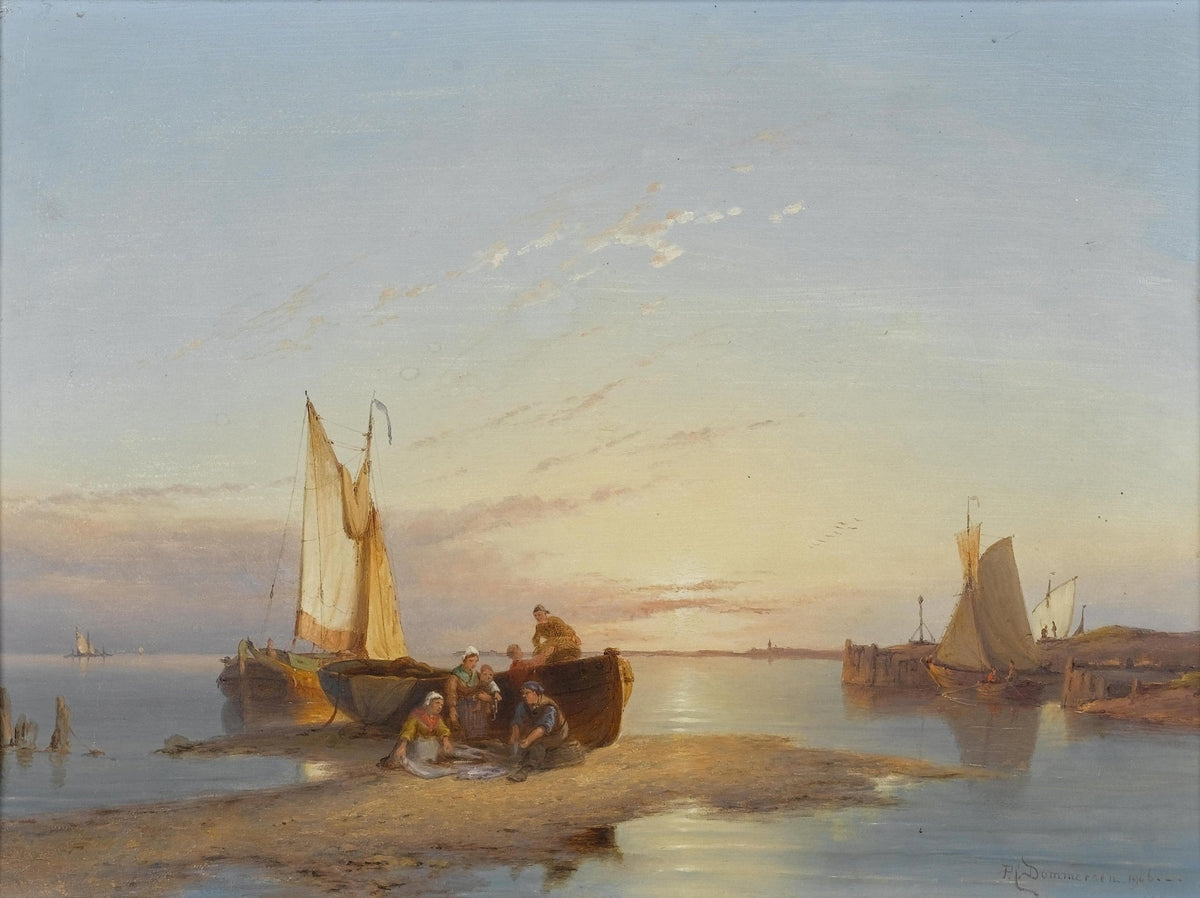 Hand-painted fishermen at sunset harbor nautical oil painting on canvas