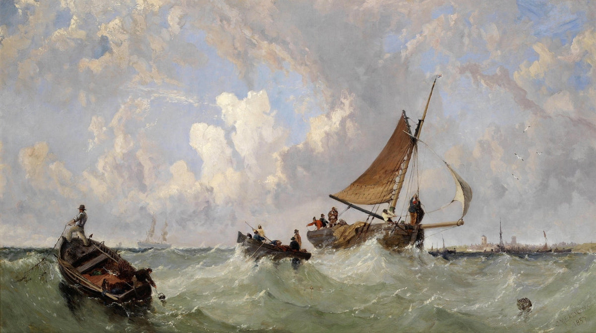 Hand-painted fishermen in rolling waves nautical oil painting on canvas
