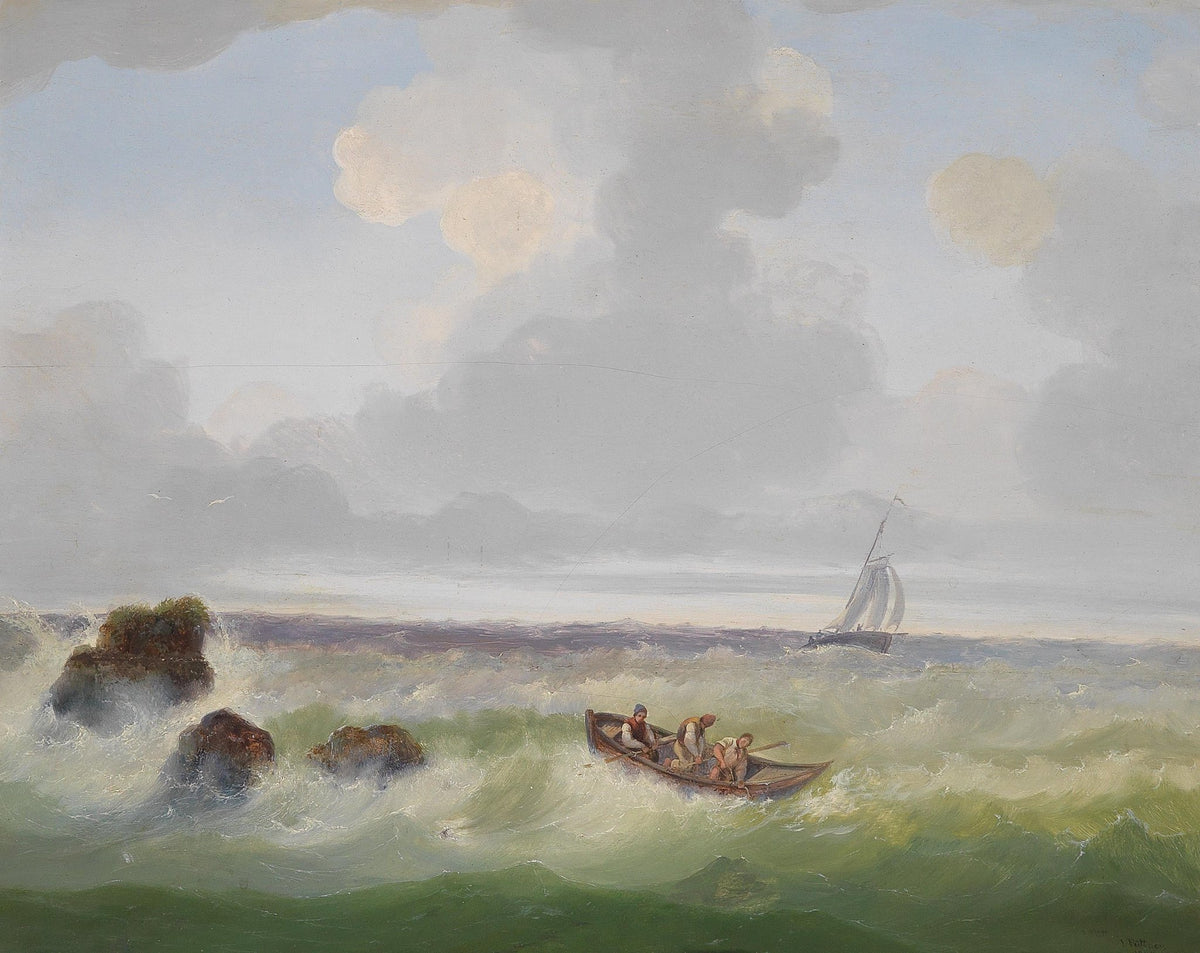 Hand-painted fishermen in rough seas nautical oil painting on canvas