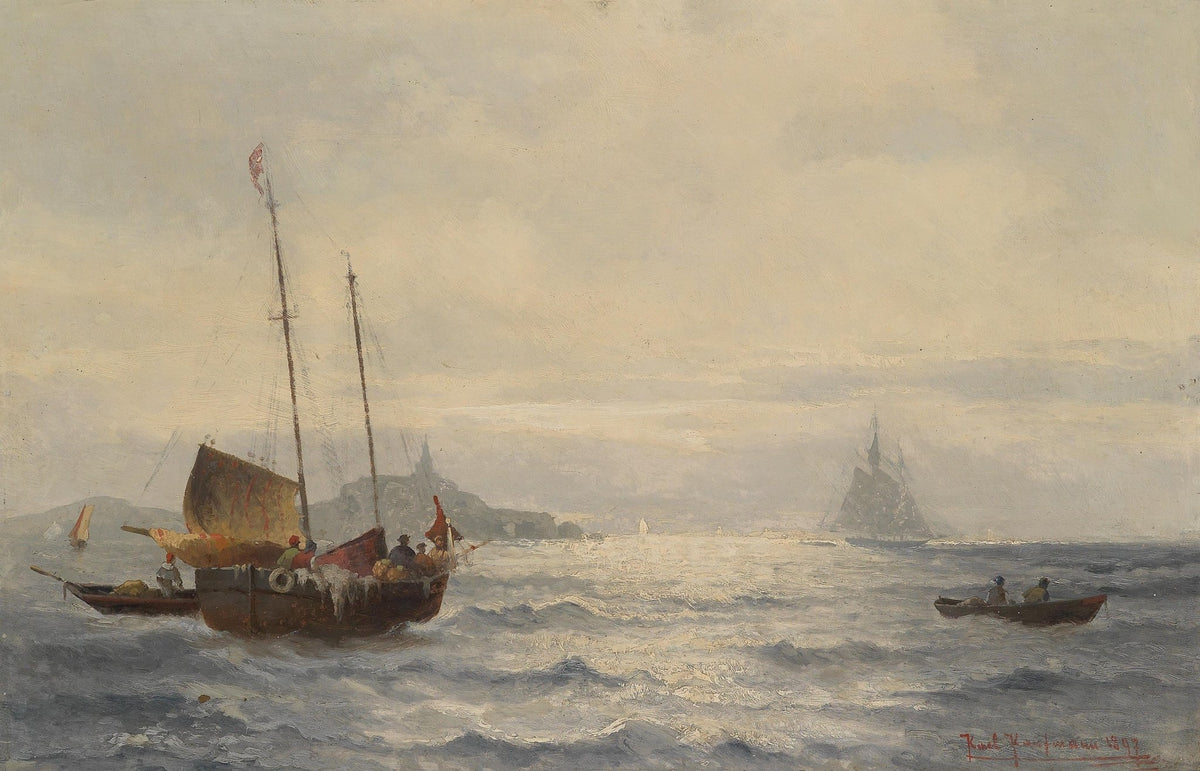 Hand-painted fishing boat in silver sea light nautical oil painting on canvas
