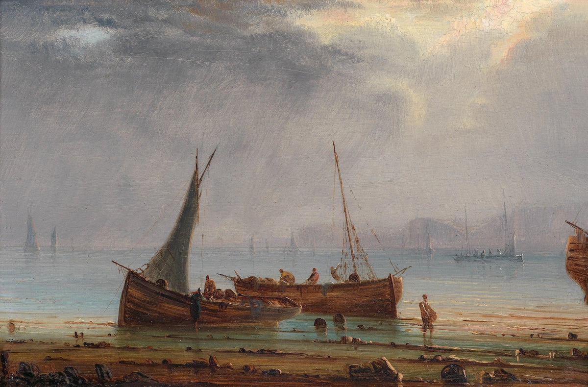 Hand-painted fishing boats at low tide nautical oil painting on canvas