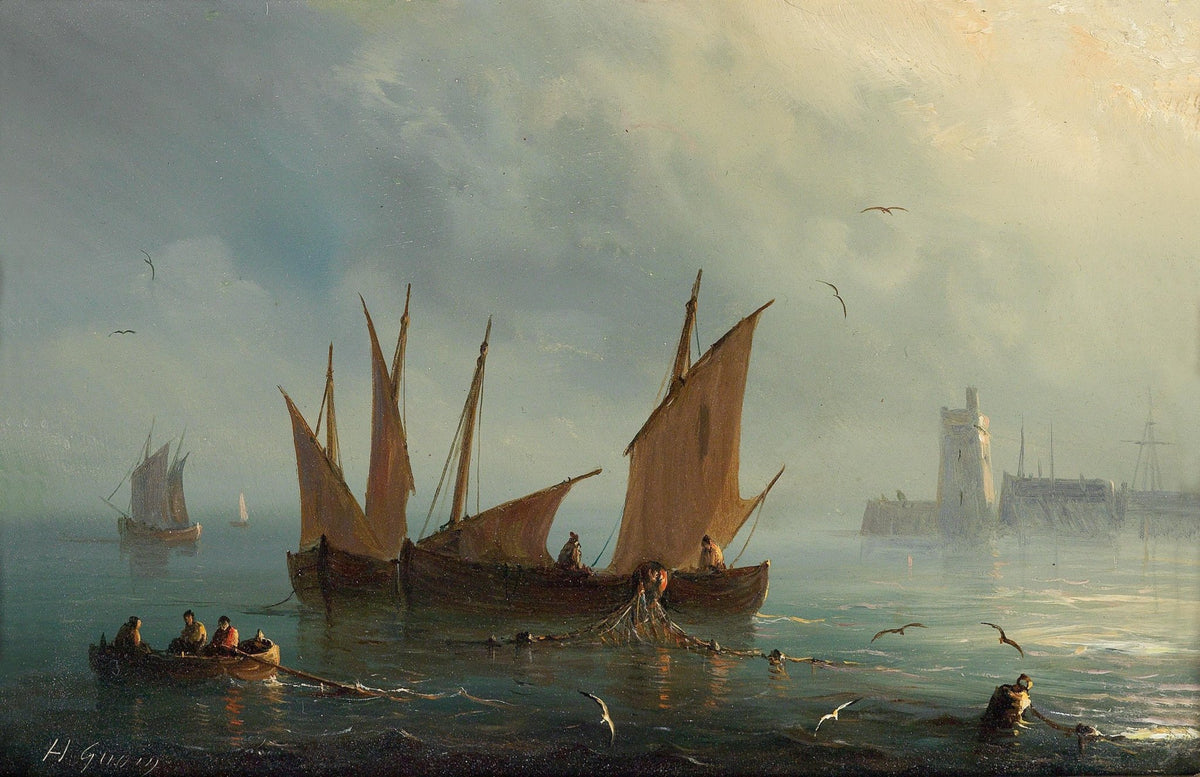 Hand-painted fishing boats in misty harbor nautical oil painting on canvas