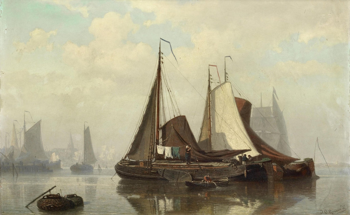 Hand-painted fishing boats in quiet harbor nautical oil painting on canvas
