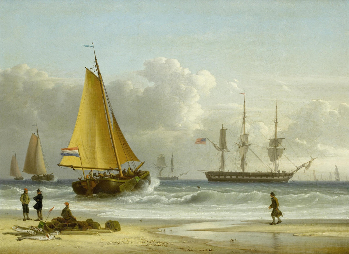 Hand-painted fishing boats on breezy shore nautical oil painting on canvas