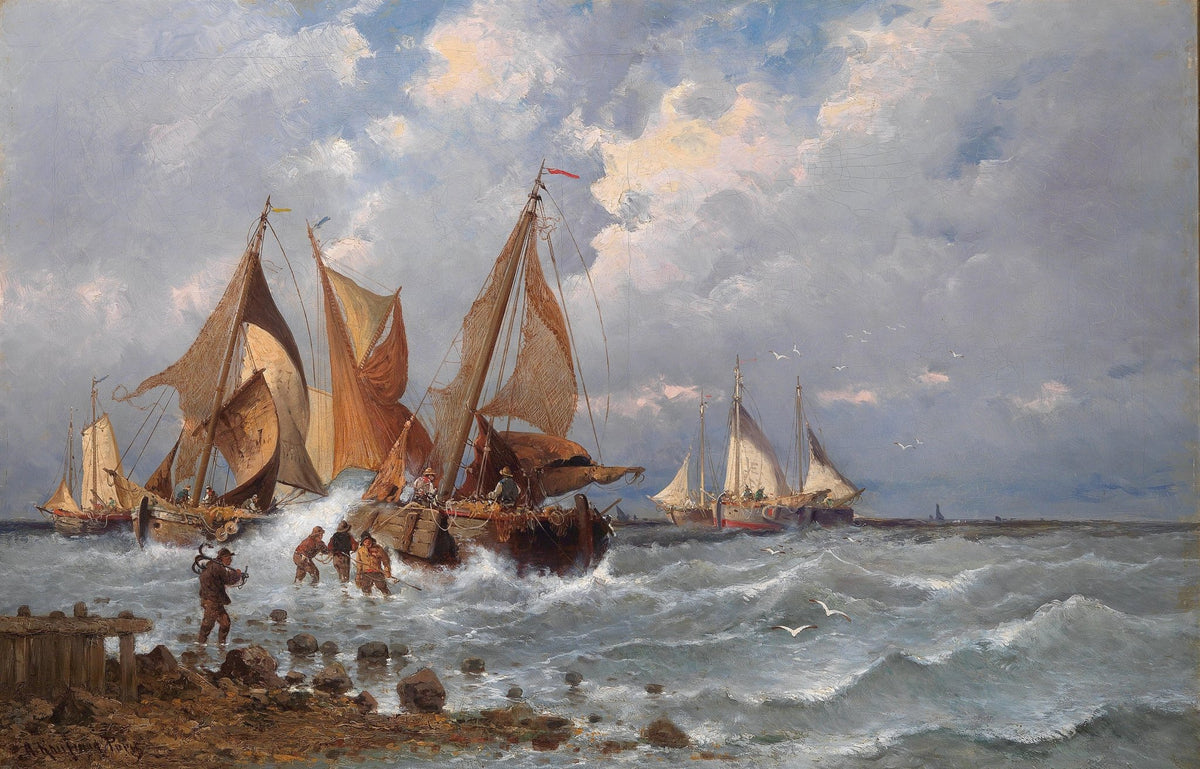 Hand-painted fishing fleet in rough seas nautical oil painting on canvas