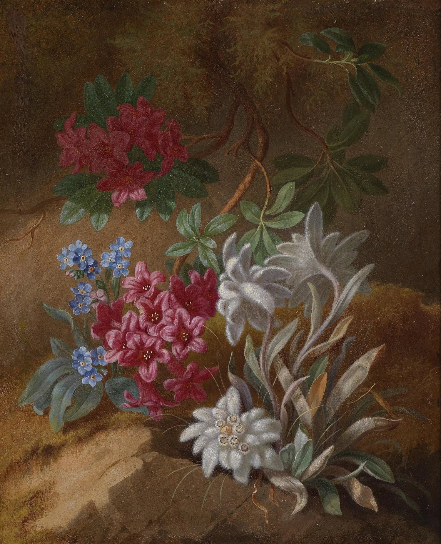 Floral Oil Painting - Alpine Flowers with Foliage - Oil Painting Haven