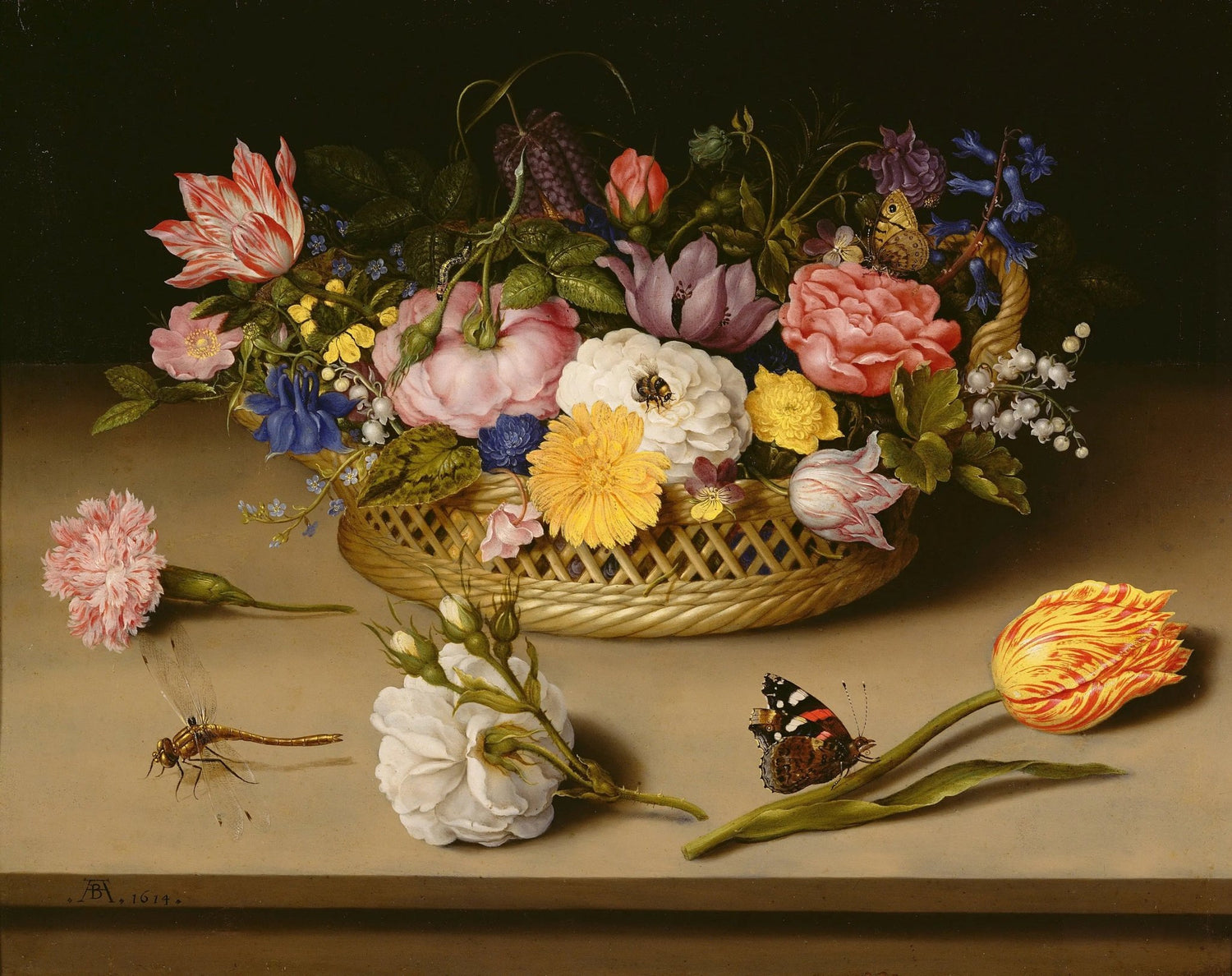 Floral Oil Painting - Bouquet in Basket with Insects - Oil Painting Haven