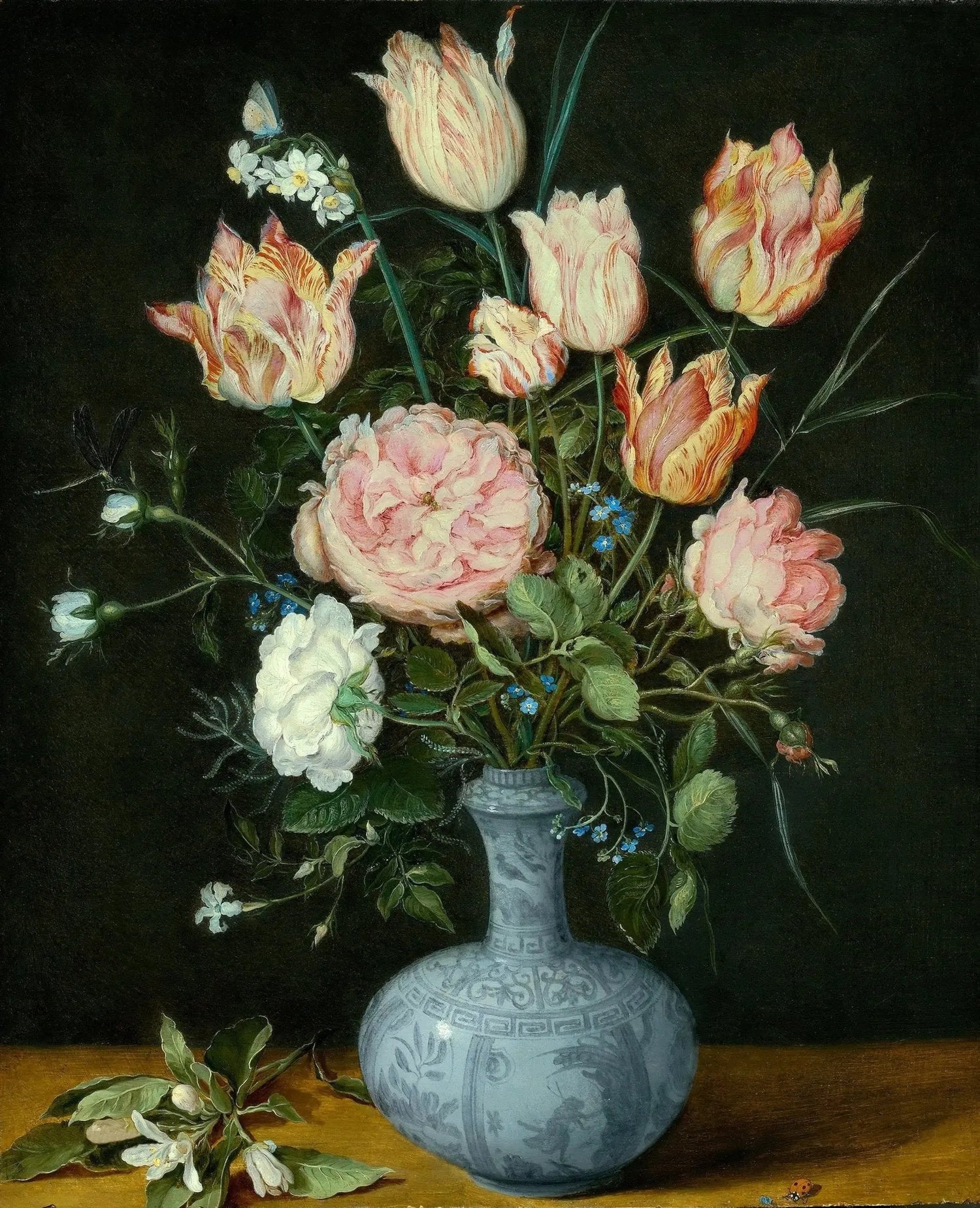 Floral Oil Painting - Bouquet in Blue Vase with Butterflies - Oil Painting Haven