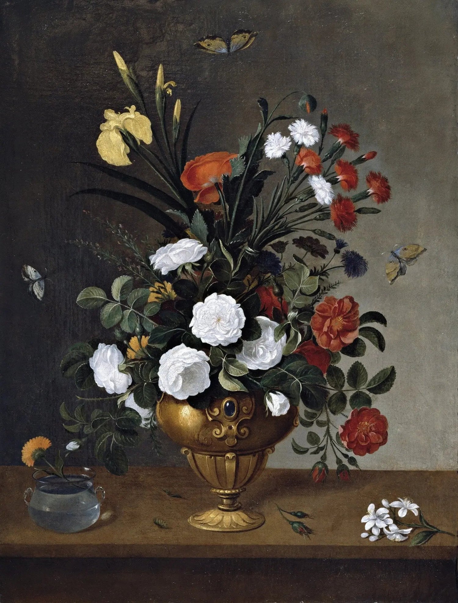 Floral Oil Painting - Bouquet in Gilded Vase with Butterflies - Oil Painting Haven