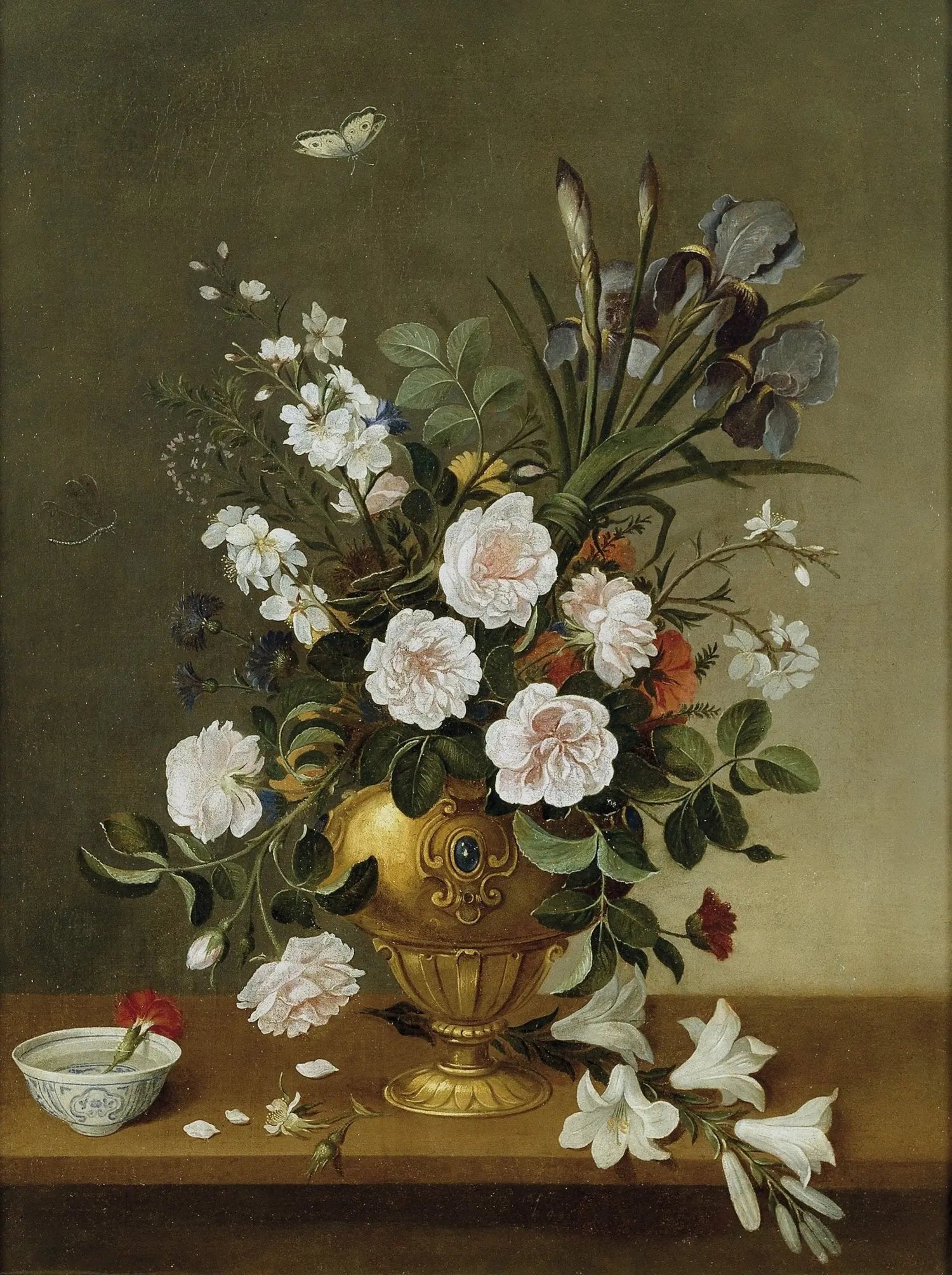Floral Oil Painting - Bouquet in Gilded Vase with Butterfly - Oil Painting Haven