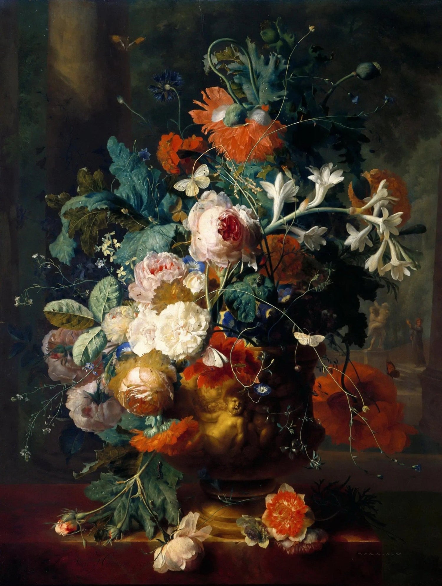 Floral Oil Painting - Bouquet in Ornate Vase with Butterflies - Oil Painting Haven
