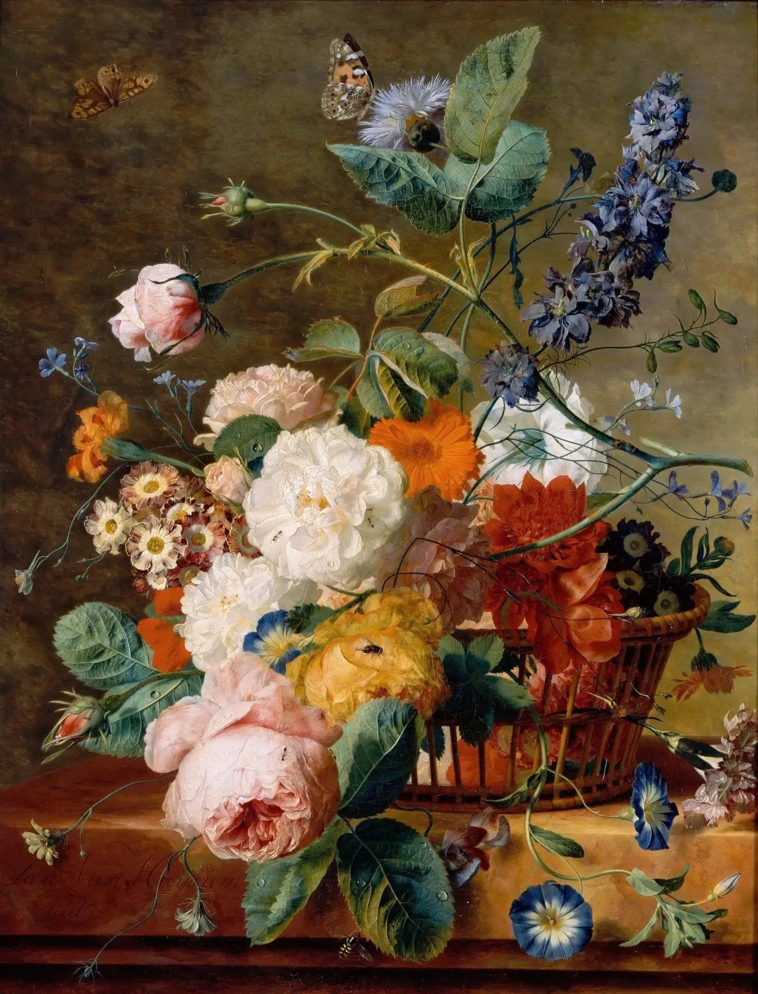 Floral Oil Painting - Bouquet in Wicker Basket with Butterflies - Oil Painting Haven