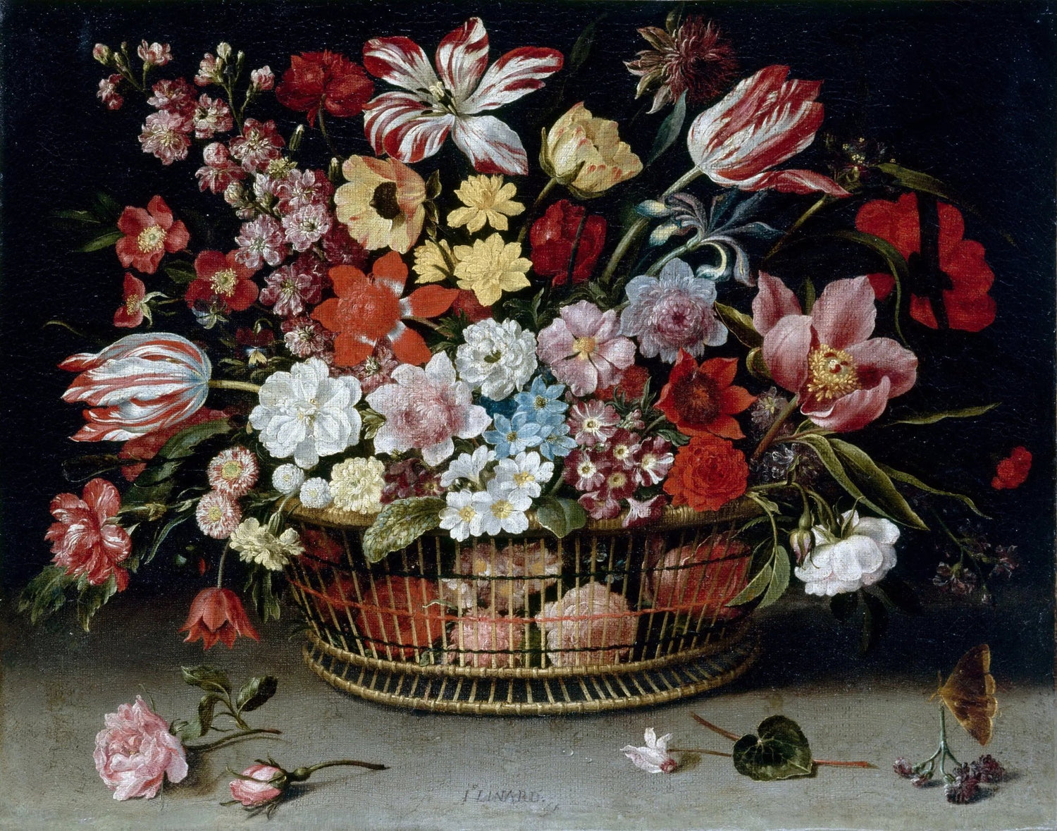 Floral Oil Painting - Bouquet in Wicker Basket with Butterfly - Oil Painting Haven