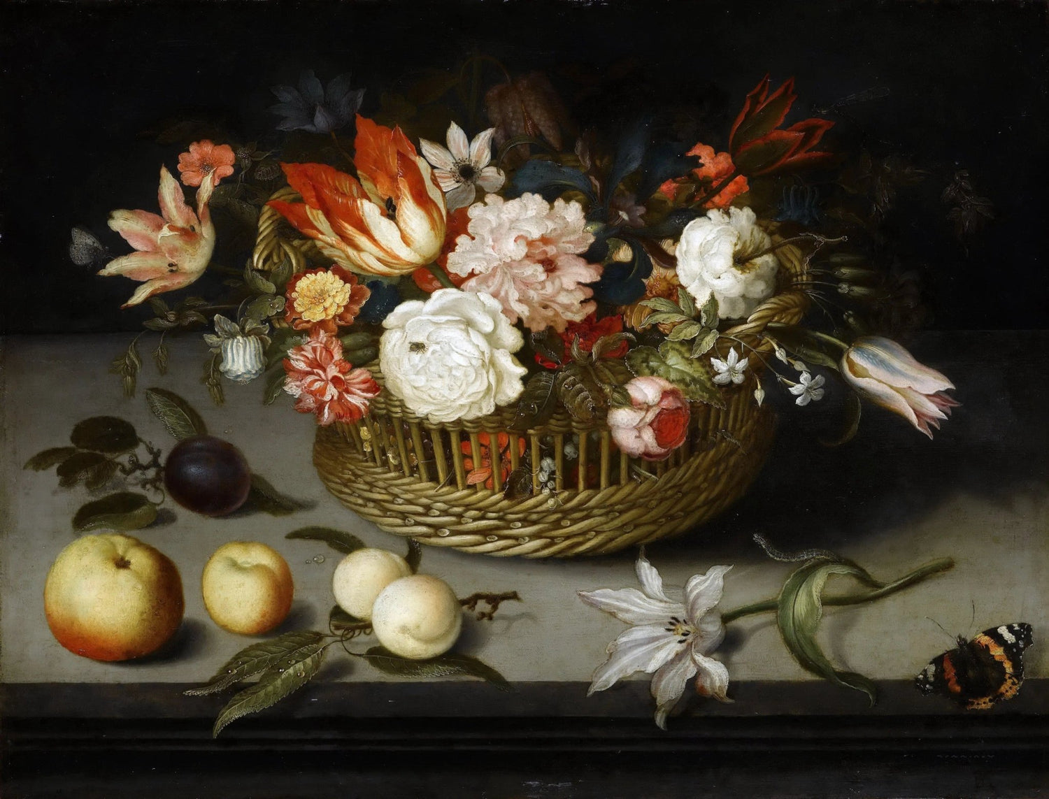 Floral Oil Painting - Bouquet in Wicker Basket with Fruit and Butterfly - Oil Painting Haven