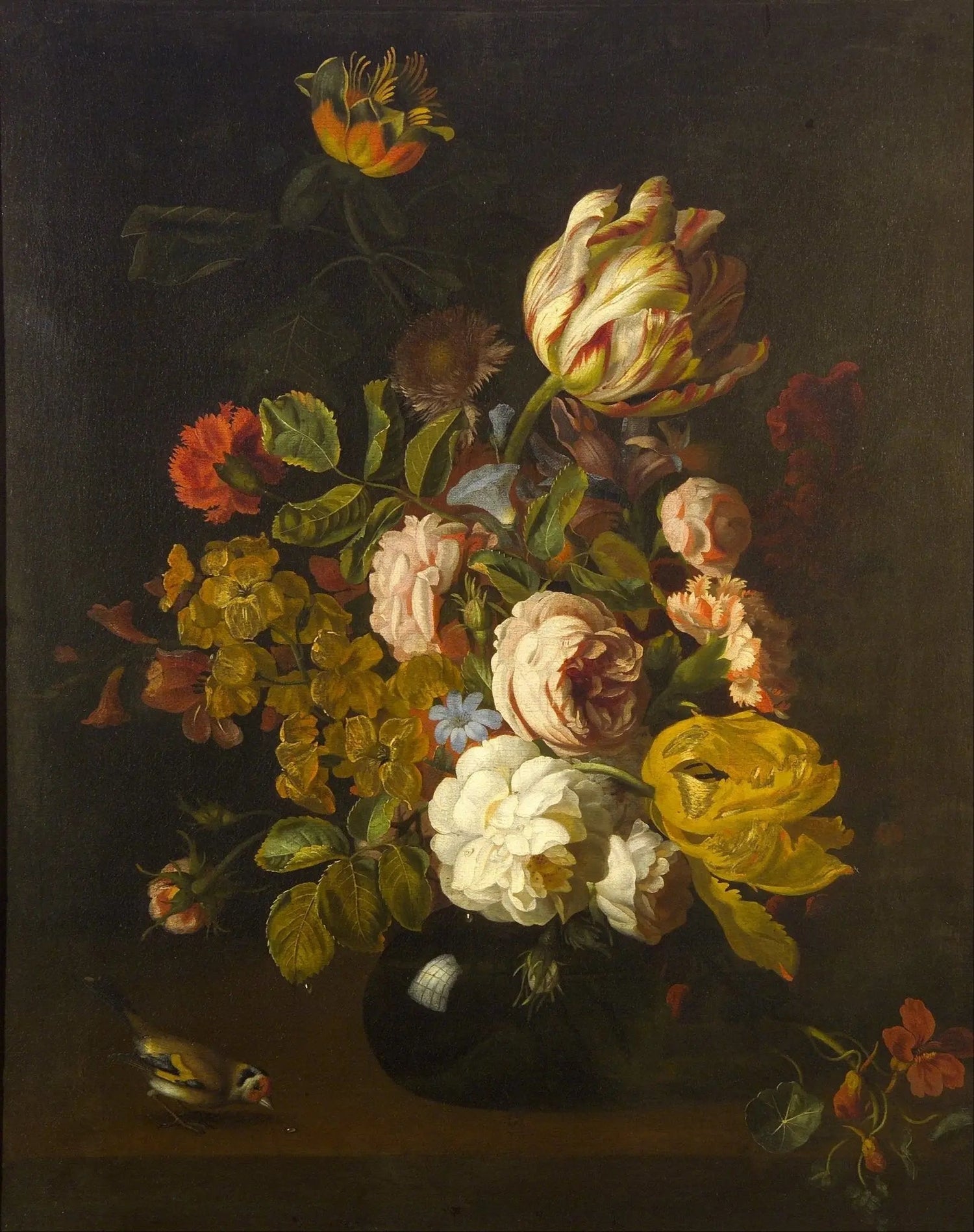 Floral Oil Painting - Bouquet with Bird and Diverse Flowers - Oil Painting Haven