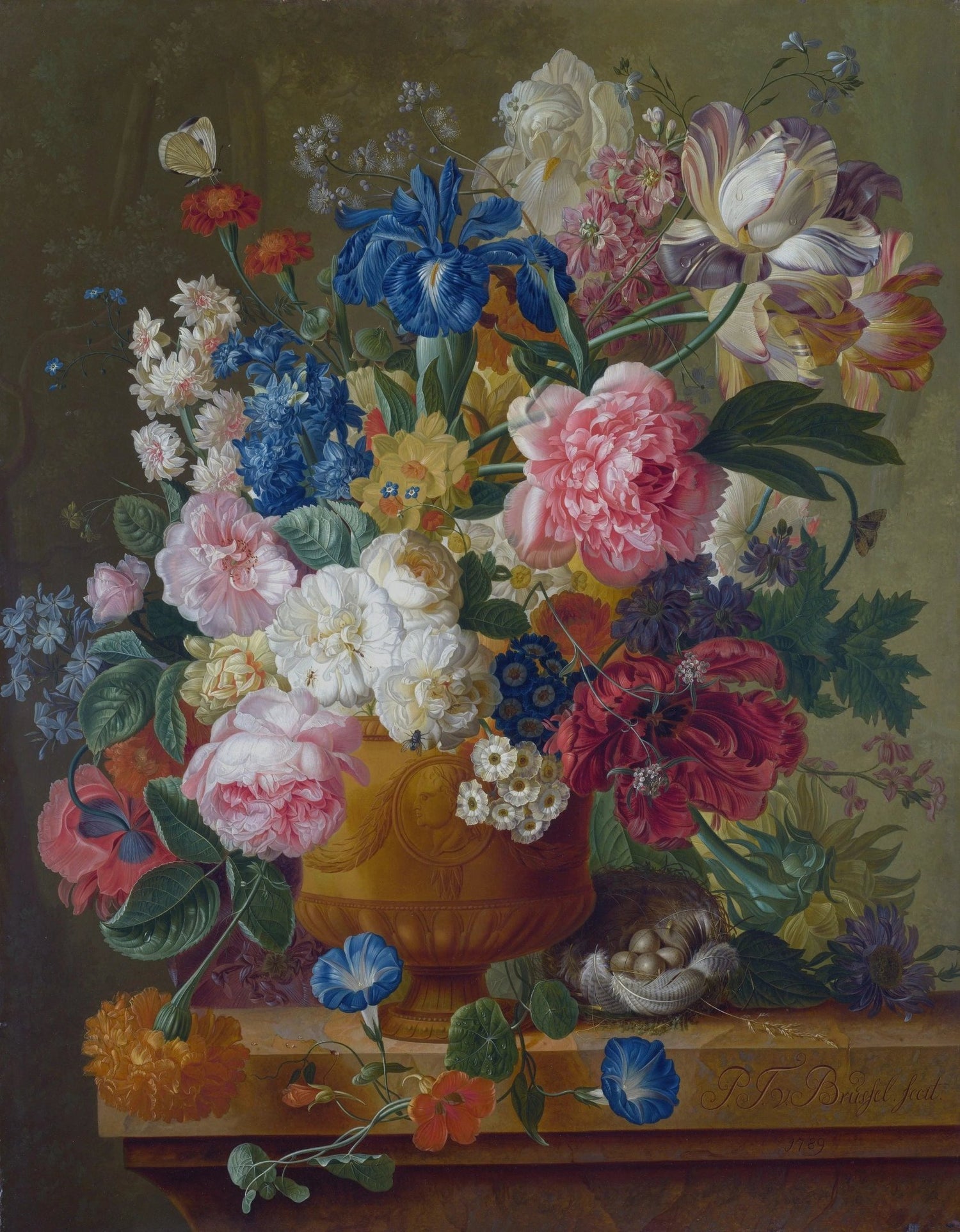 Floral Oil Painting - Bouquet with Bird Nest and Butterflies - Oil Painting Haven