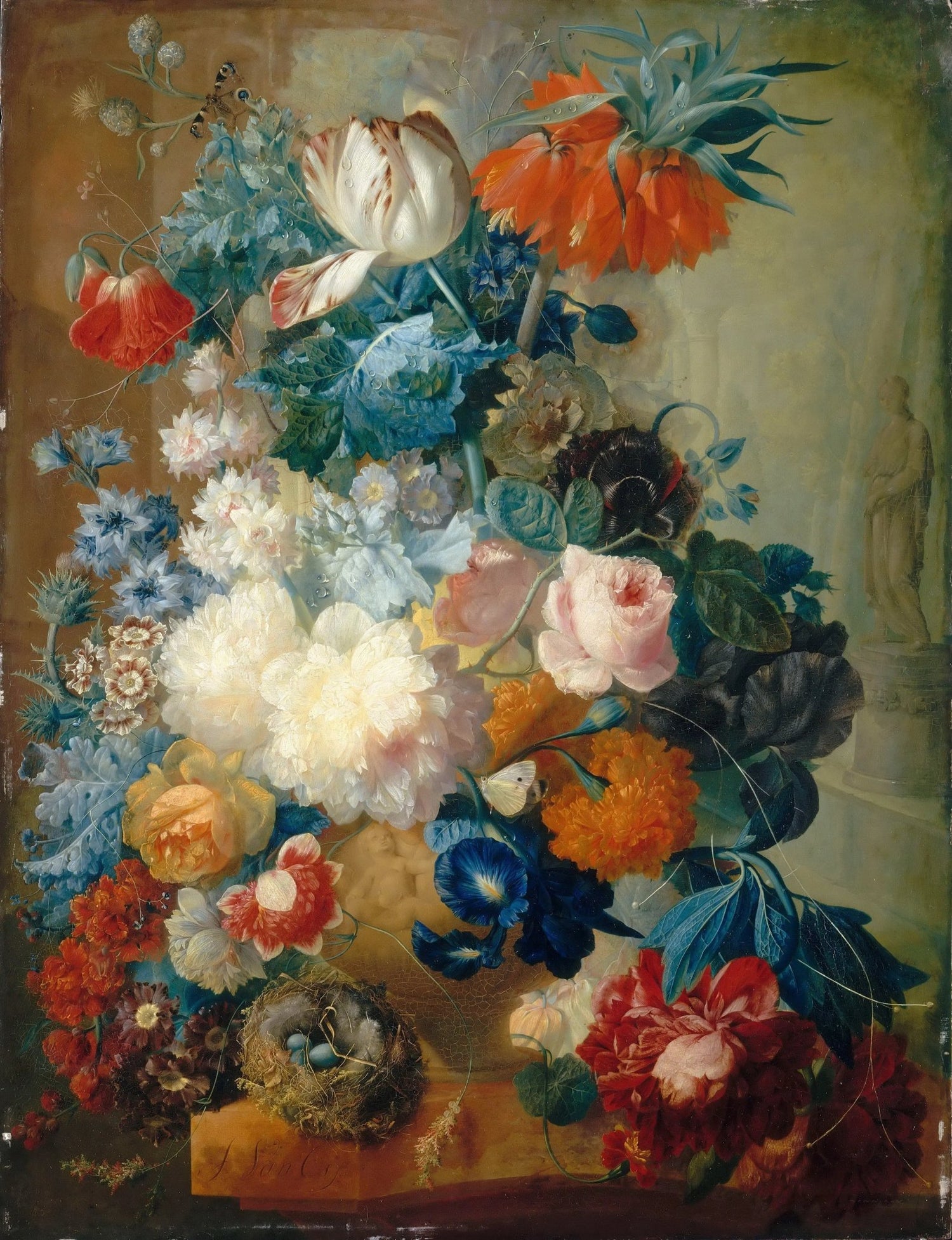 Floral Oil Painting - Bouquet with Bird Nest and Butterfly - Oil Painting Haven