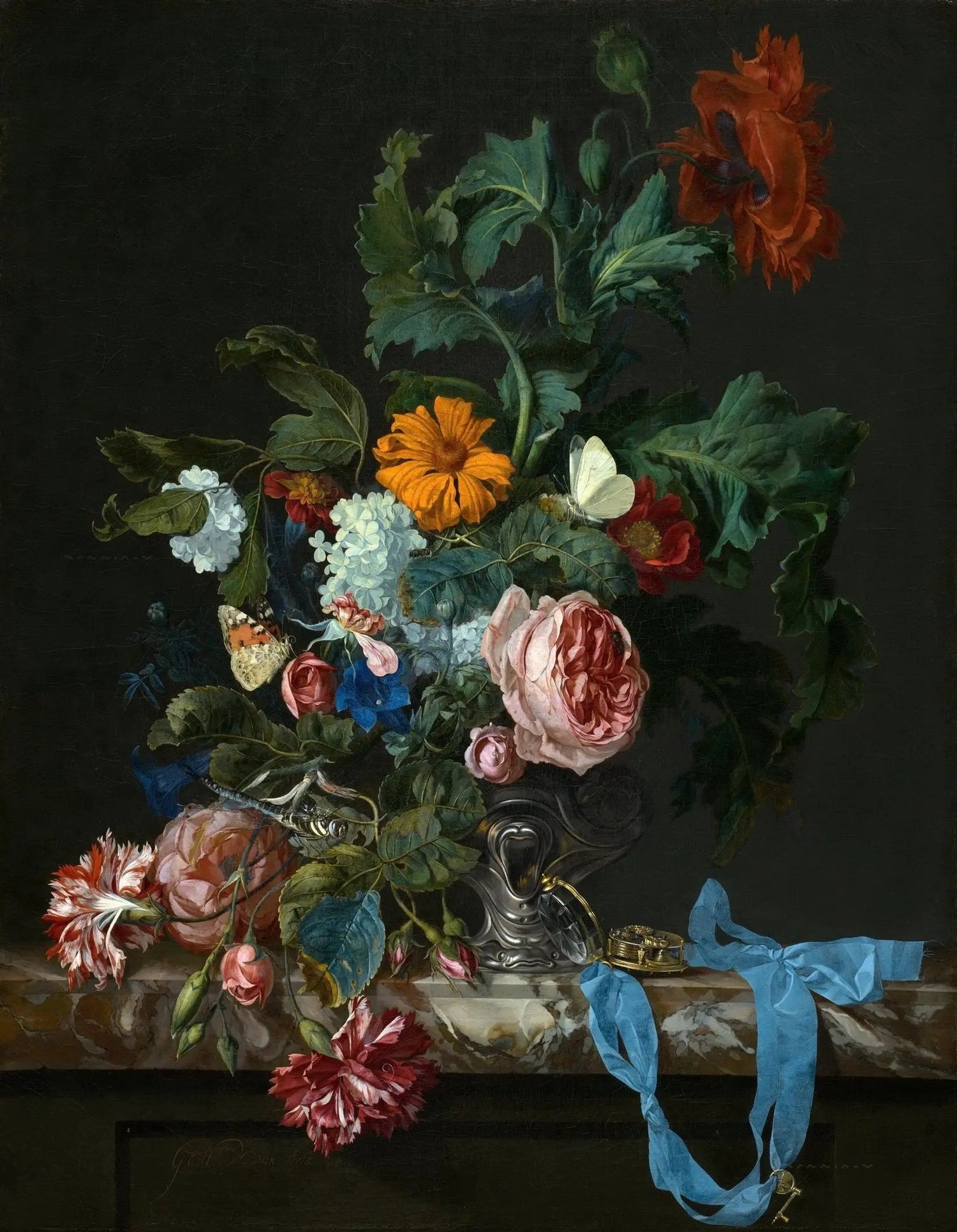 Floral Oil Painting - Bouquet with Butterflies and Ribbon - Oil Painting Haven