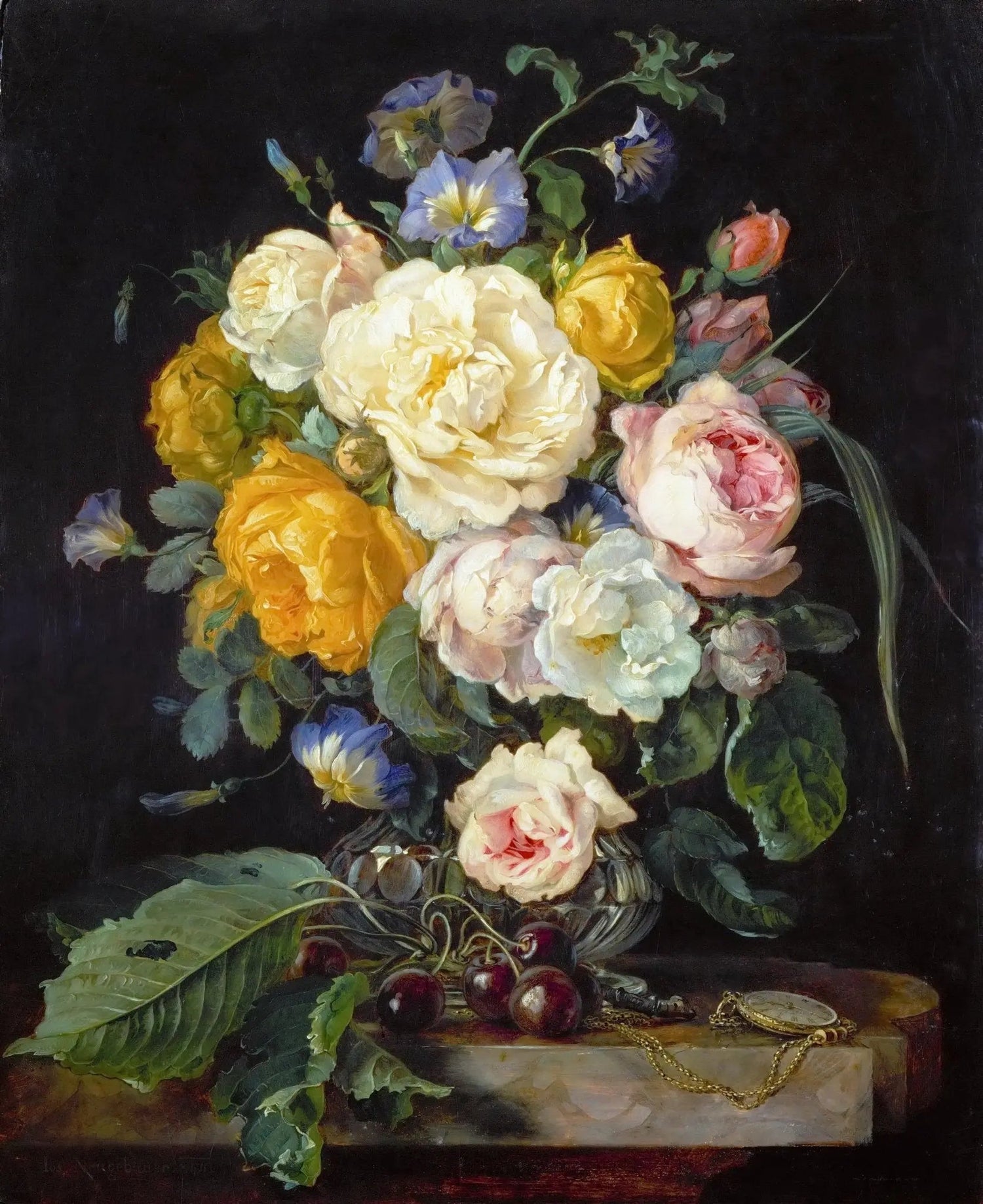 Floral Oil Painting - Bouquet with Cherries and Pocket Watch - Oil Painting Haven