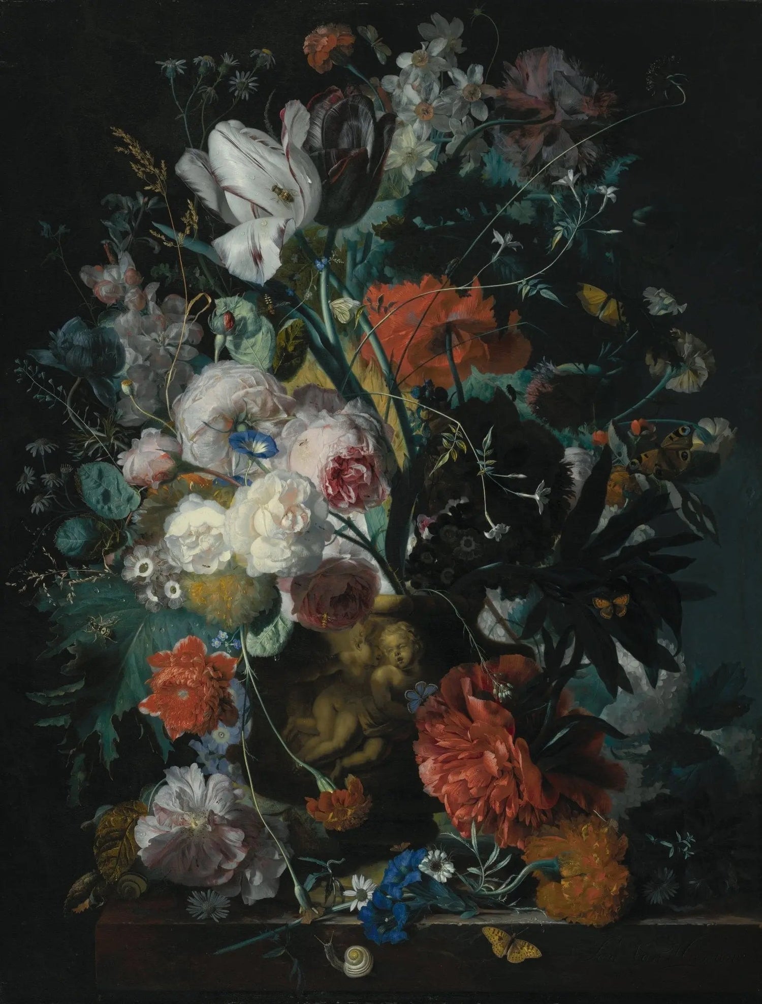 Floral Oil Painting - Bouquet with Cherubs and Insects - Oil Painting Haven