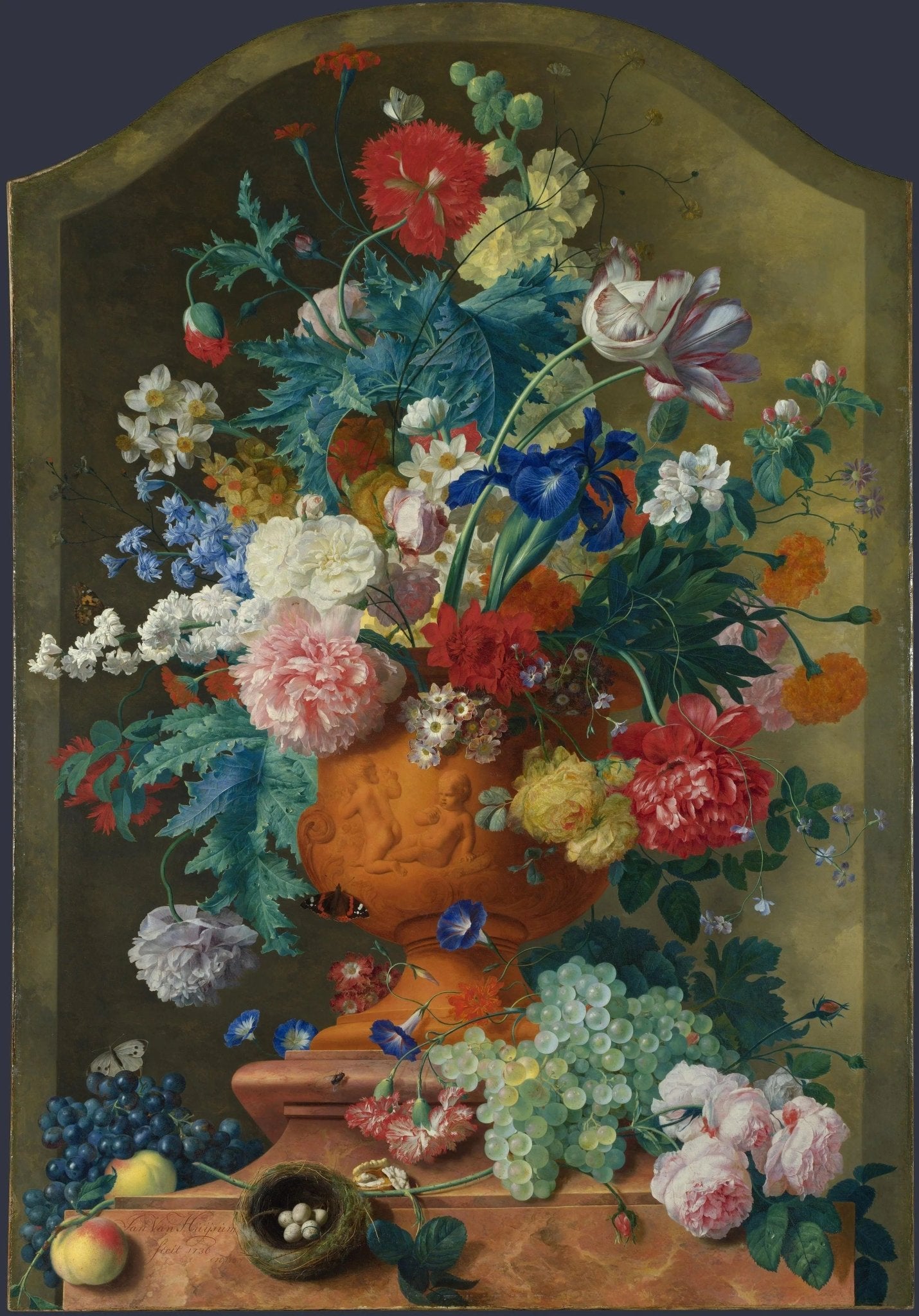 Floral Oil Painting - Bouquet with Fruit, Bird Nest and Butterflies - Oil Painting Haven