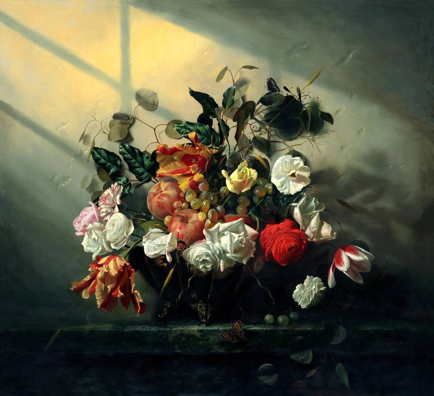 Floral Oil Painting - Bouquet with Fruits and Butterflies - Oil Painting Haven