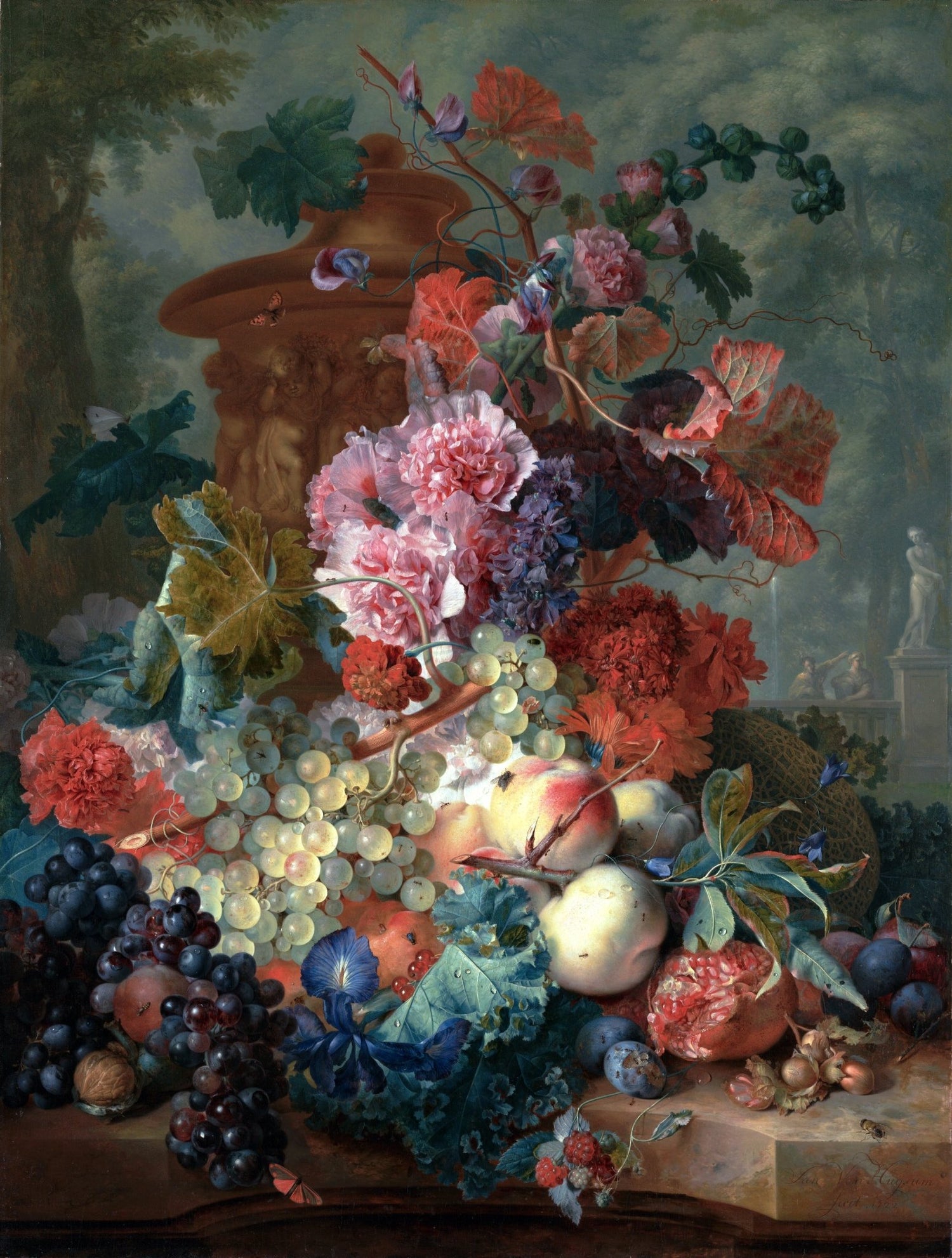 Blumen-Ölgemälde – Blumenstrauß mit Früchten und Gartenszene