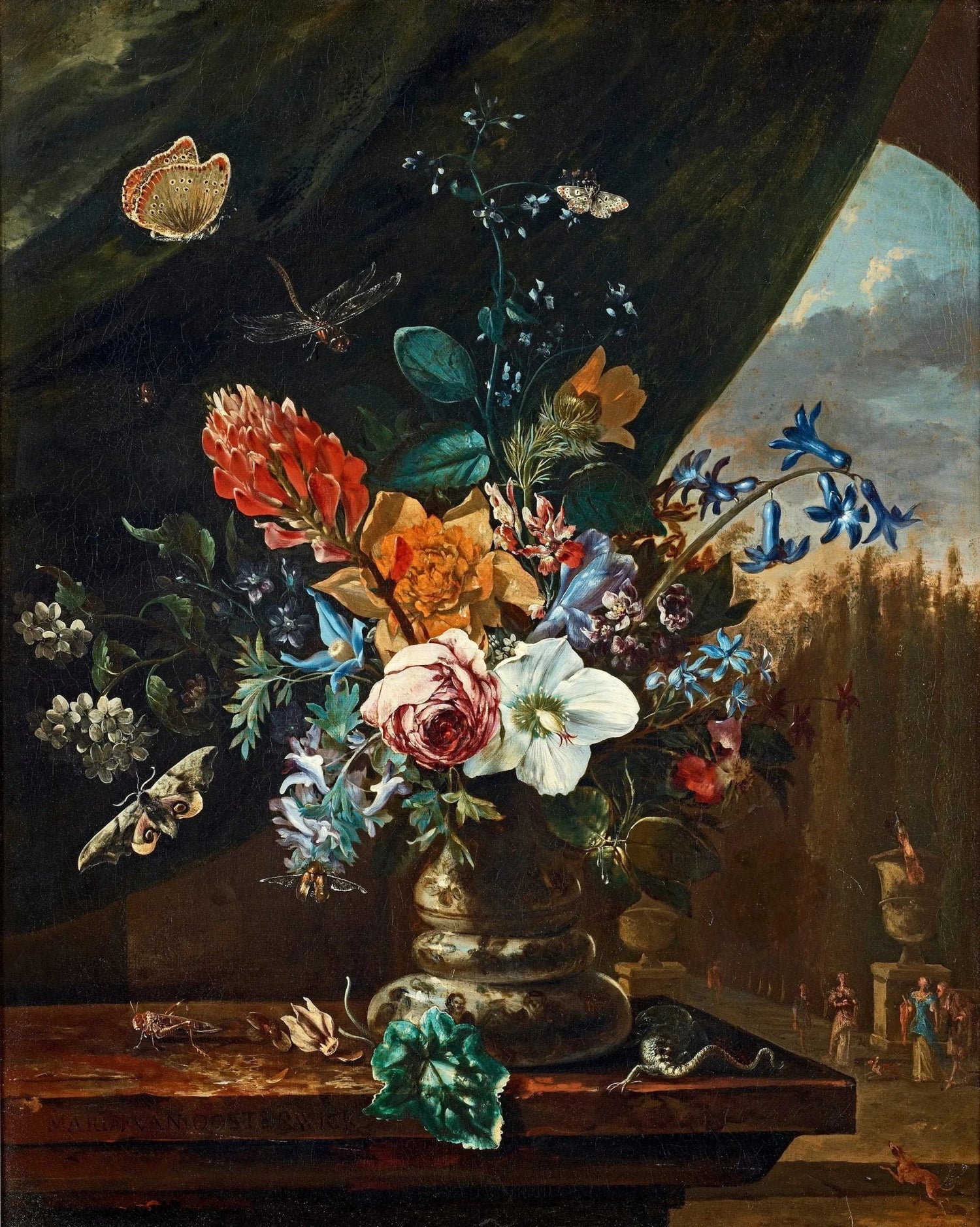 Floral Oil Painting - Bouquet with Insects and Scenic View - Oil Painting Haven