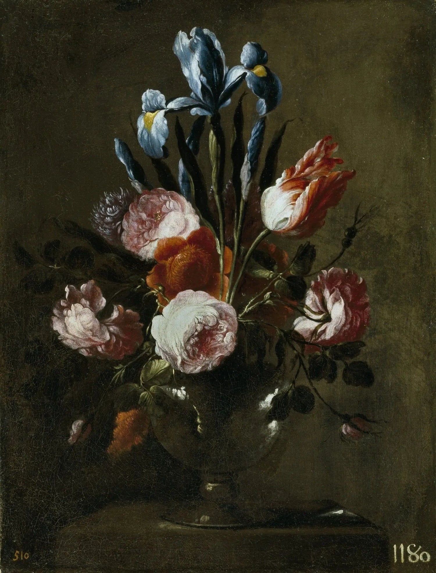 Floral Oil Painting - Bouquet with Iris, Roses, and Tulip - Oil Painting Haven