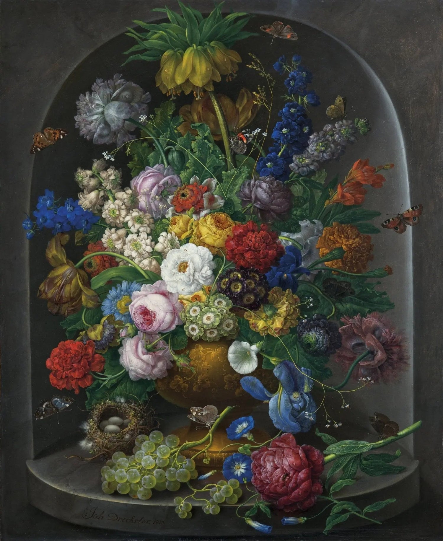 Floral Oil Painting - Bouquet with Nest, Grapes and Butterflies - Oil Painting Haven