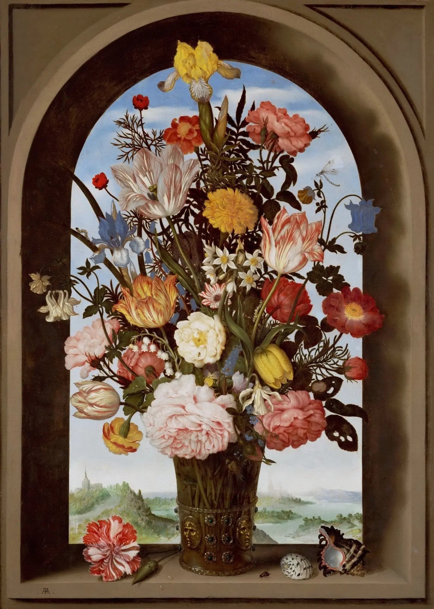 Floral Oil Painting - Bouquet with Shells and Landscape View - Oil Painting Haven