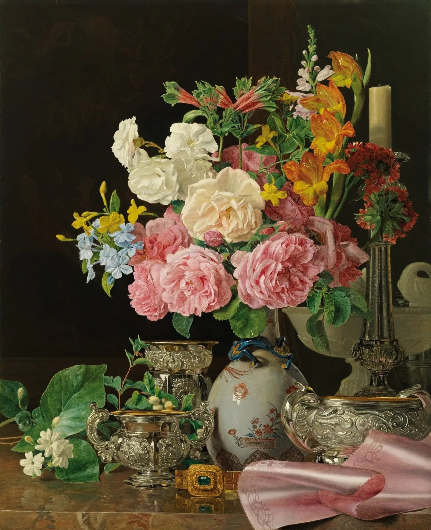 Floral Oil Painting - Bouquet with Silverware and Silk - Oil Painting Haven