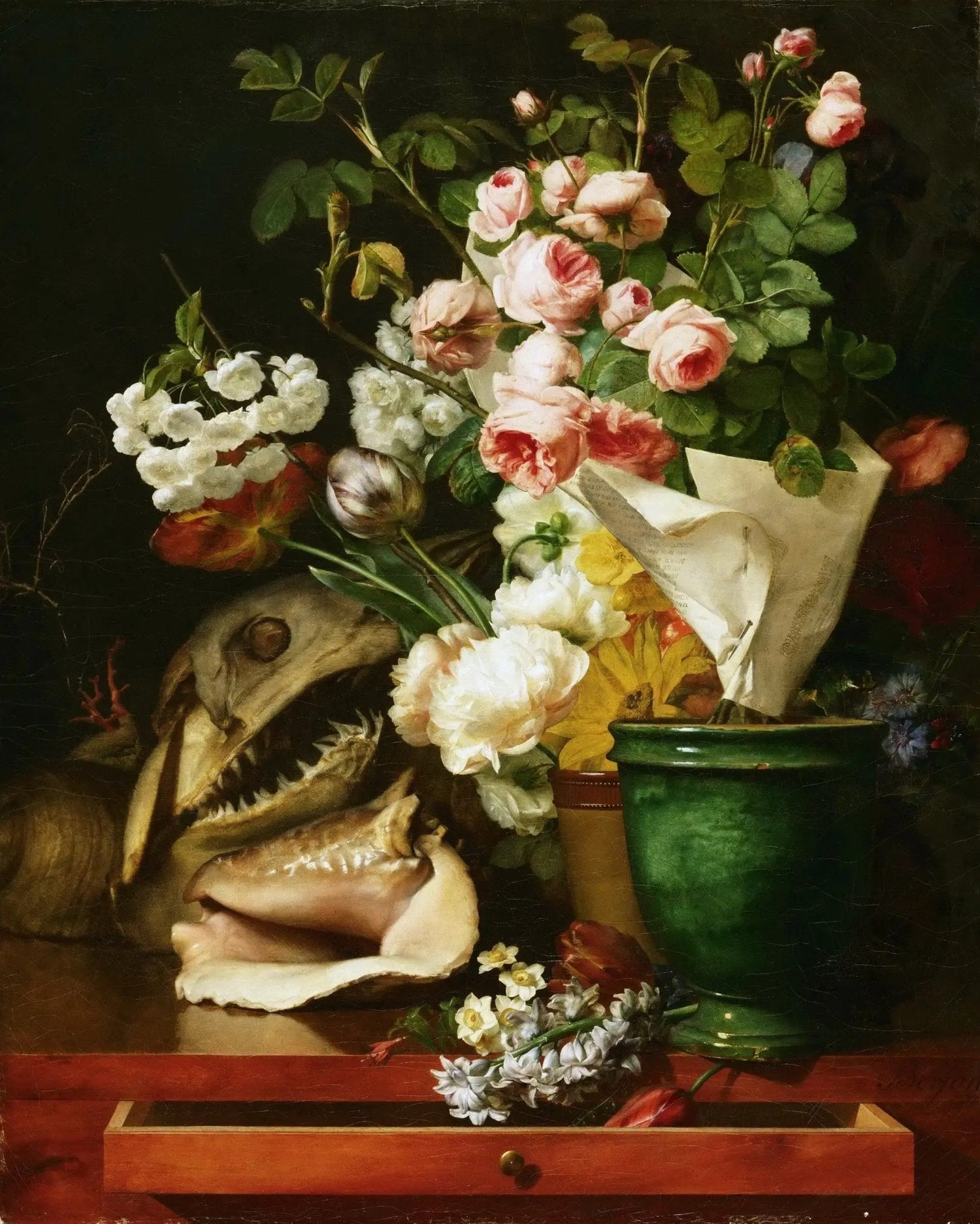 Floral Oil Painting - Bouquet with Skull, Shells, and Flowers - Oil Painting Haven